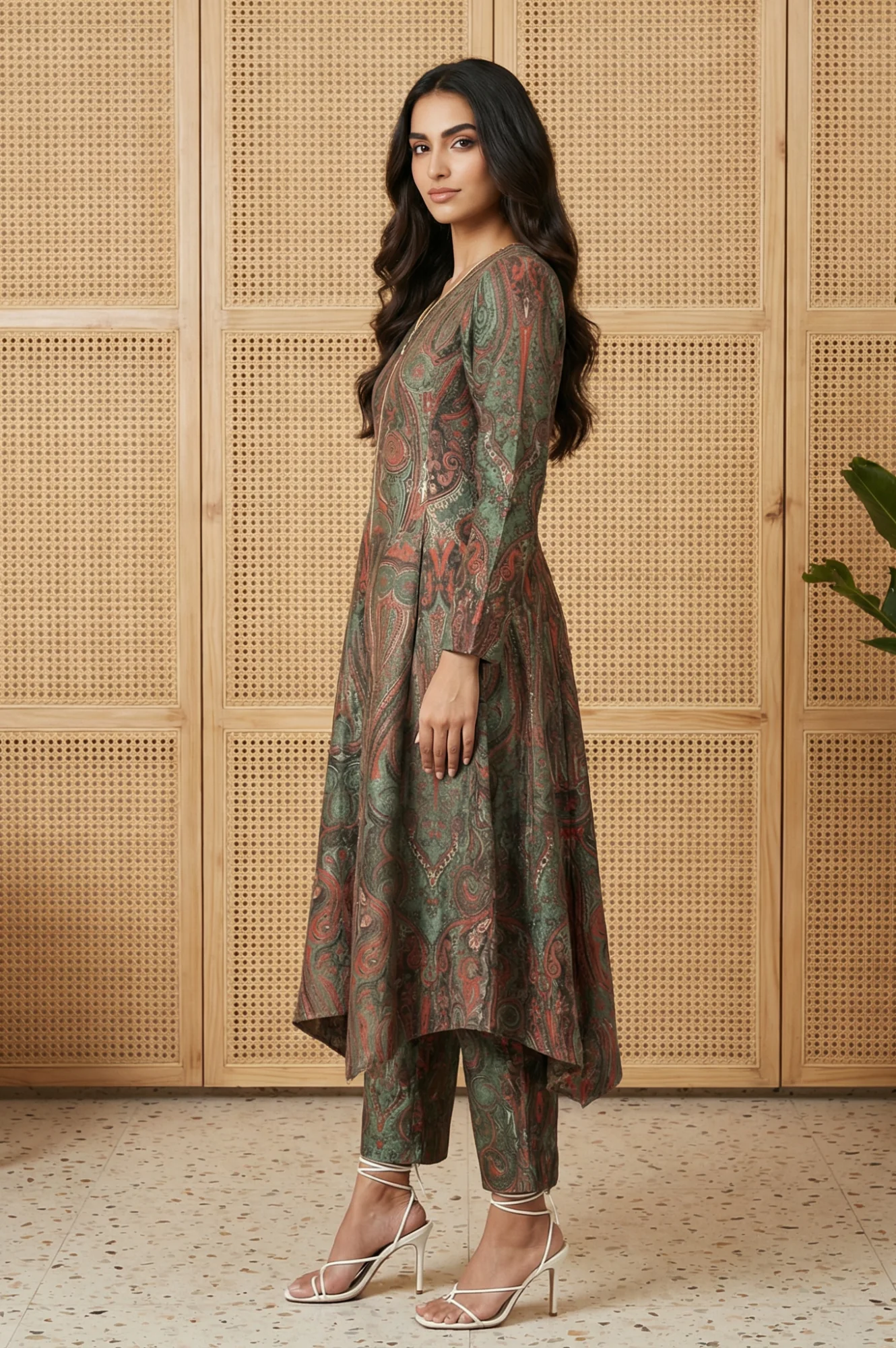Green Paisley Mettalic Embroidered Pashmina Shimmer Anarkali Kurta with Straight Pants Set - Image 2