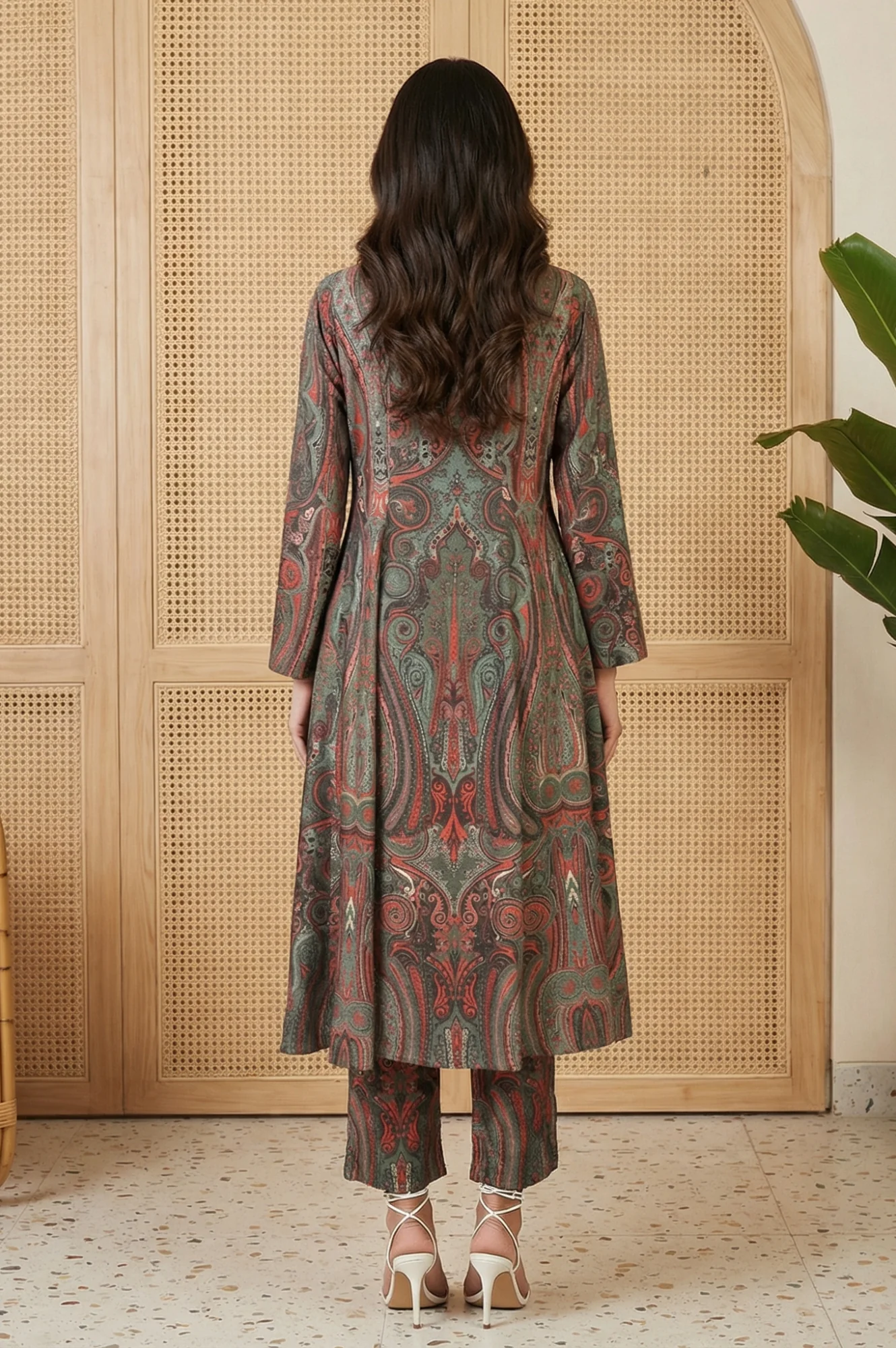 Green Paisley Mettalic Embroidered Pashmina Shimmer Anarkali Kurta with Straight Pants Set - Image 3