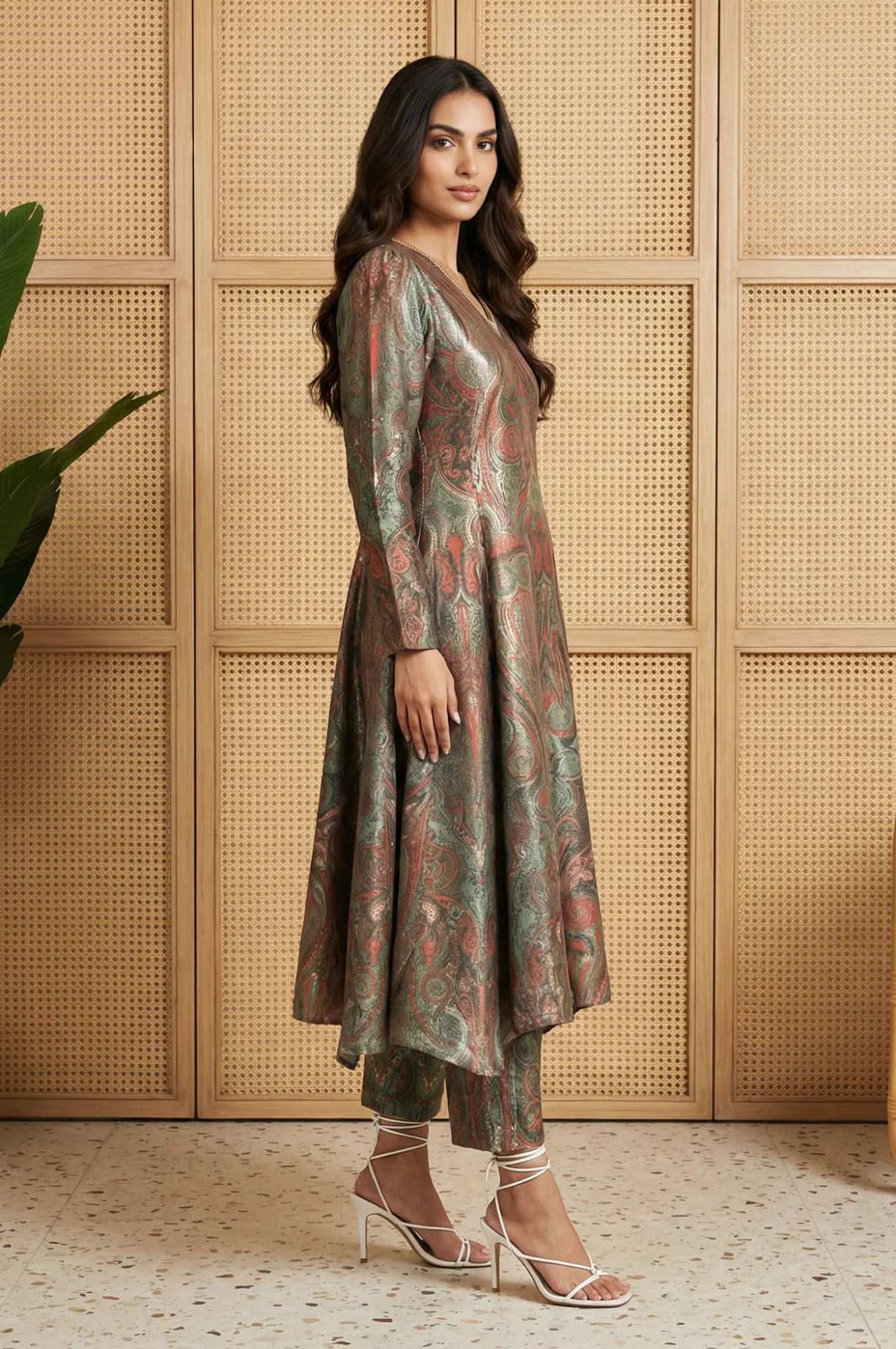 Green Paisley Mettalic Embroidered Pashmina Shimmer Anarkali Kurta with Straight Pants Set - Image 4
