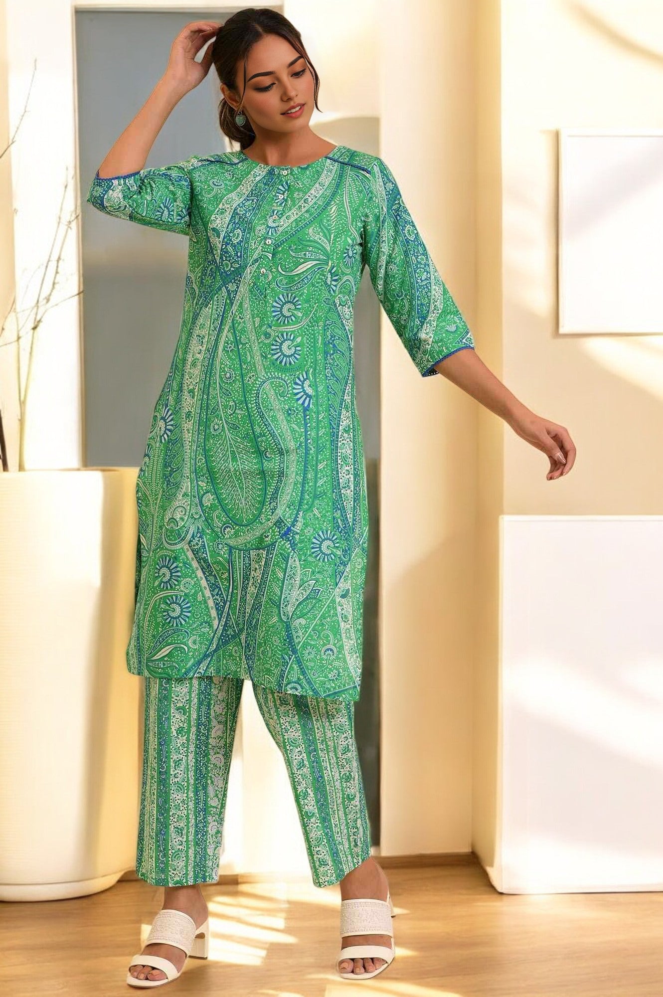 Green Paisley Print Pure Cotton Straight Kurta and Straight Pants Co-ord Set