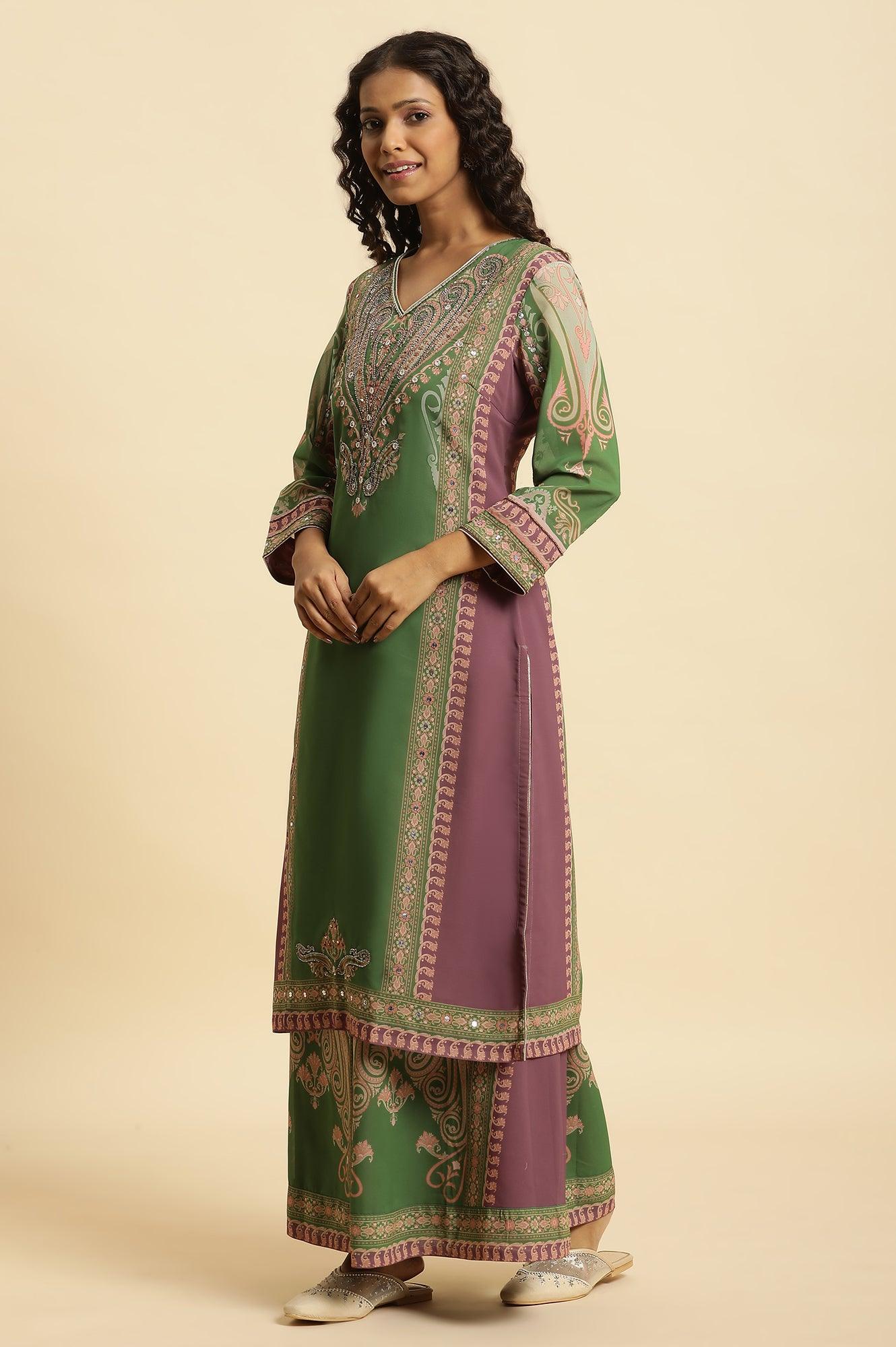 Green Placement Printed Georgette Kurta, Pants And Dupatta Set - Image 3