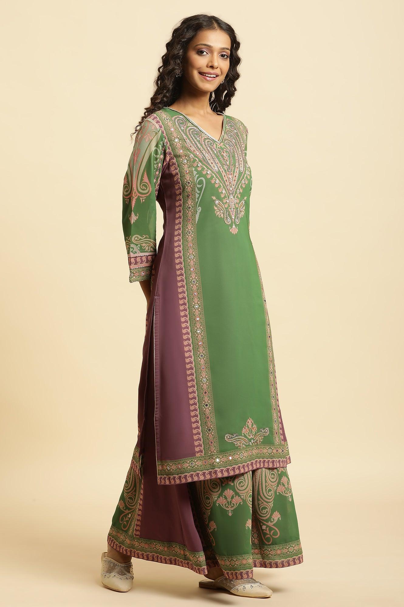 Green Placement Printed Georgette Kurta, Pants And Dupatta Set - Image 5