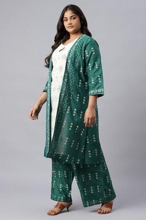 Green Plus Size Printed Gillet With Off-White kurta And Green Parallel Pants Set - Image 10
