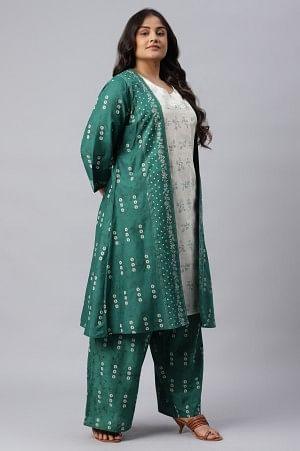 Green Plus Size Printed Gillet With Off-White kurta And Green Parallel Pants Set - Image 11