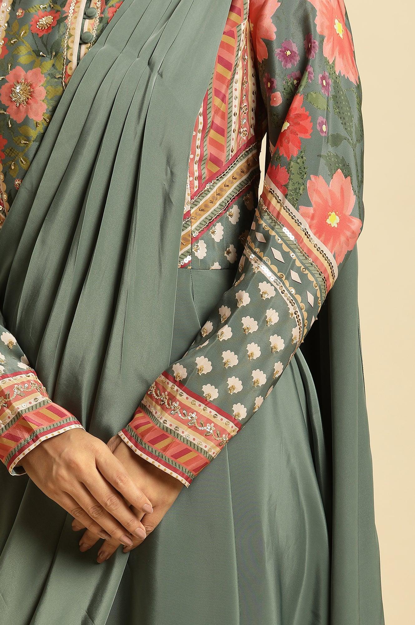Green Predrape Saree Dress With Multi-Coloured Embellishement - Image 7