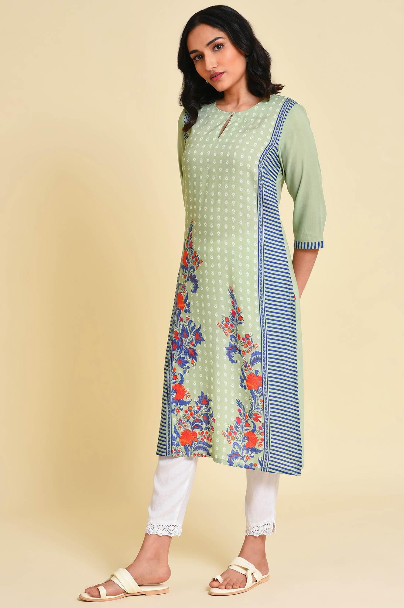Green Print Mix kurta Set - Image 3