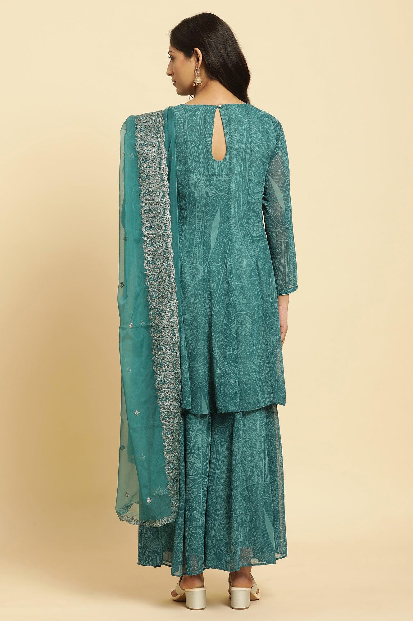 Green Print-On-Printed Embellished Flared Kurta, Sharara And Dupatta Set - Image 4