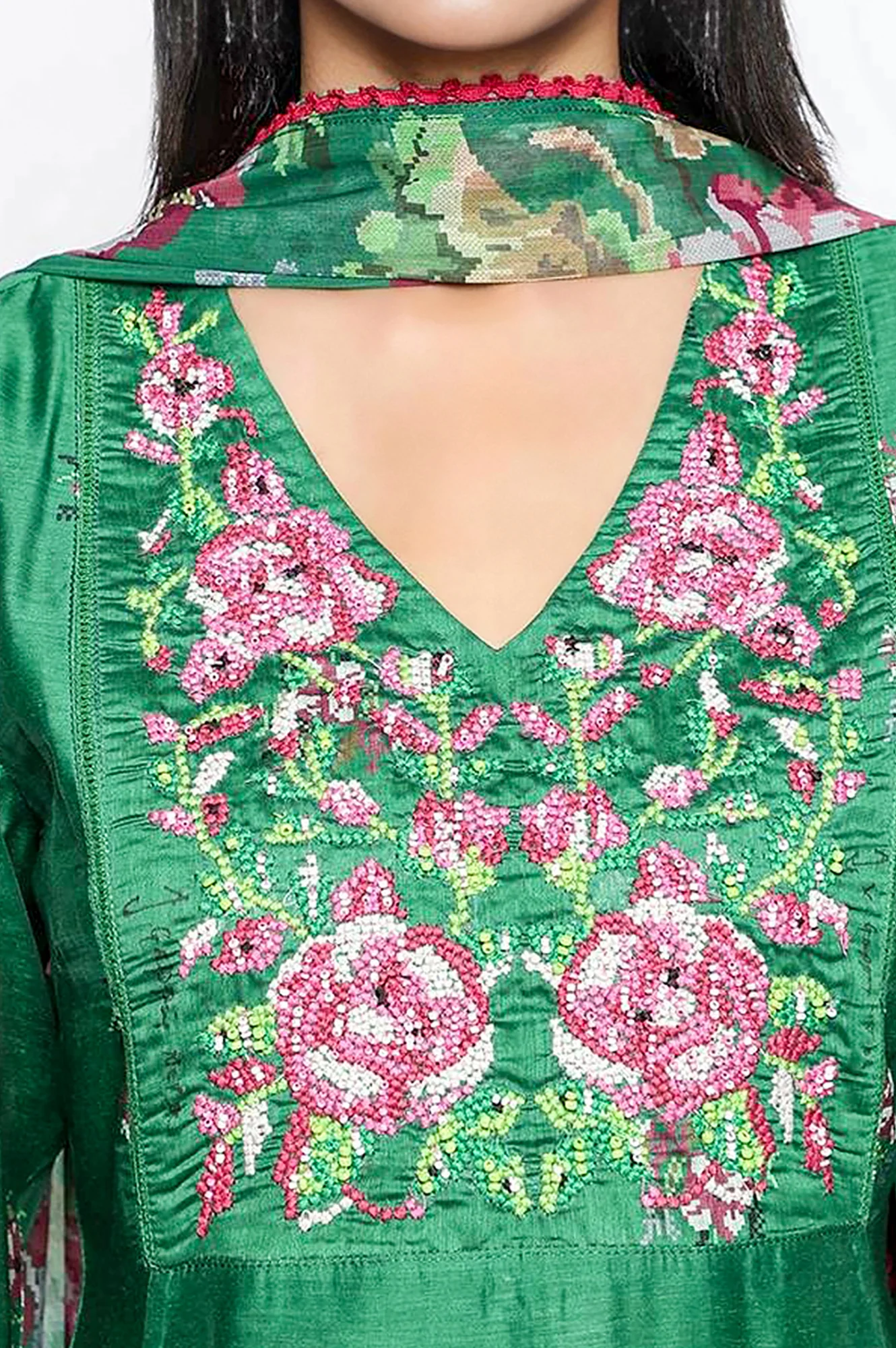 Green Printed Chanderi Flared Kurta, Straight Pant and Dupatta Set - Image 2