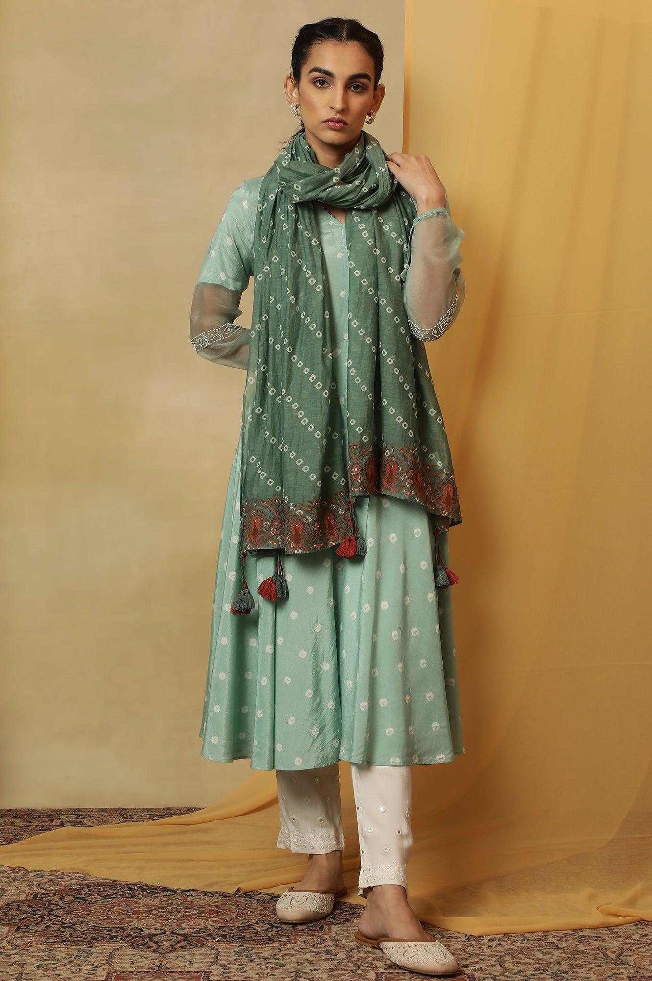 Green Printed Drape With Multicolored Embroidery