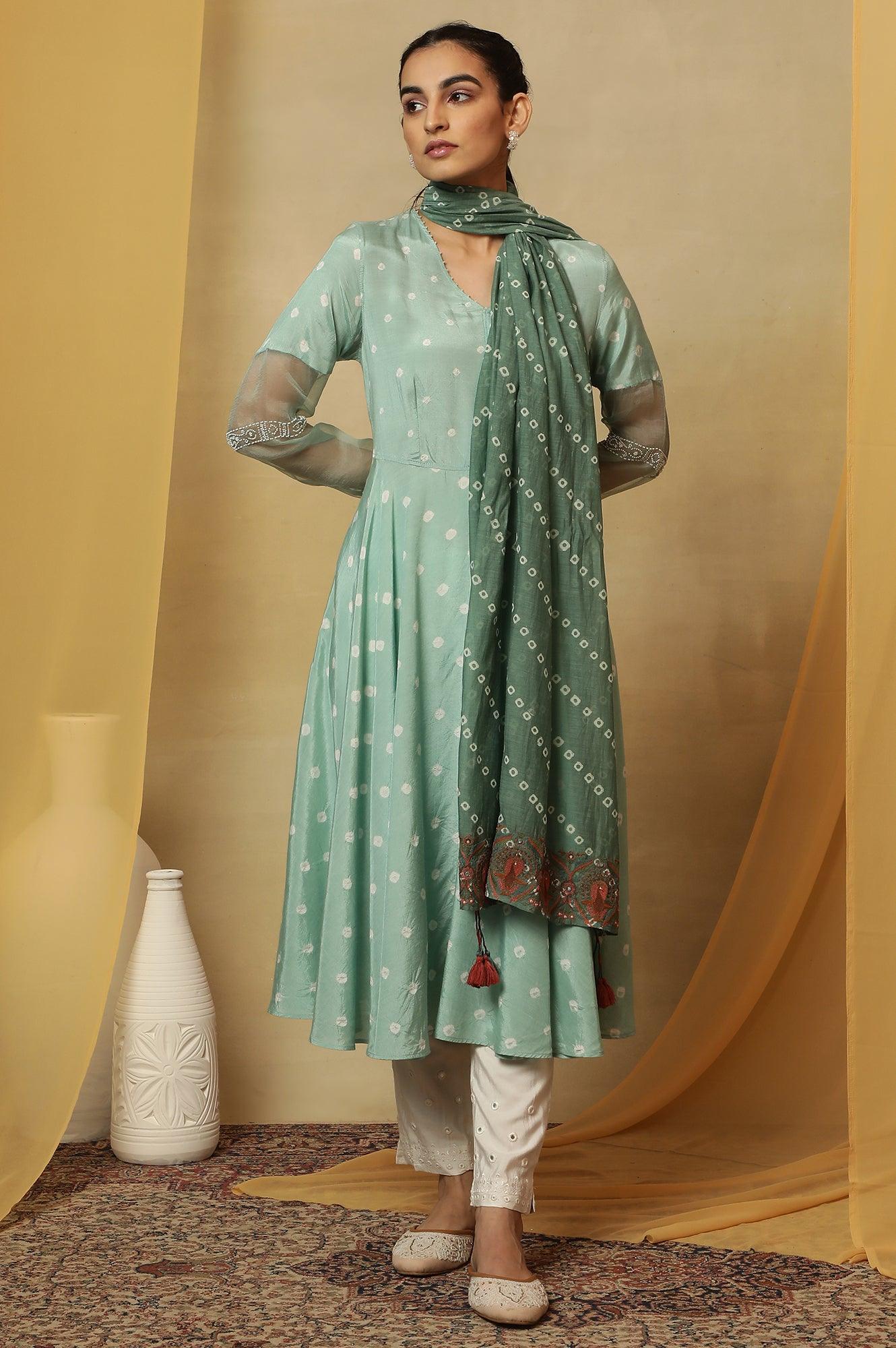 Green Printed Drape With Multicolored Embroidery - Image 2