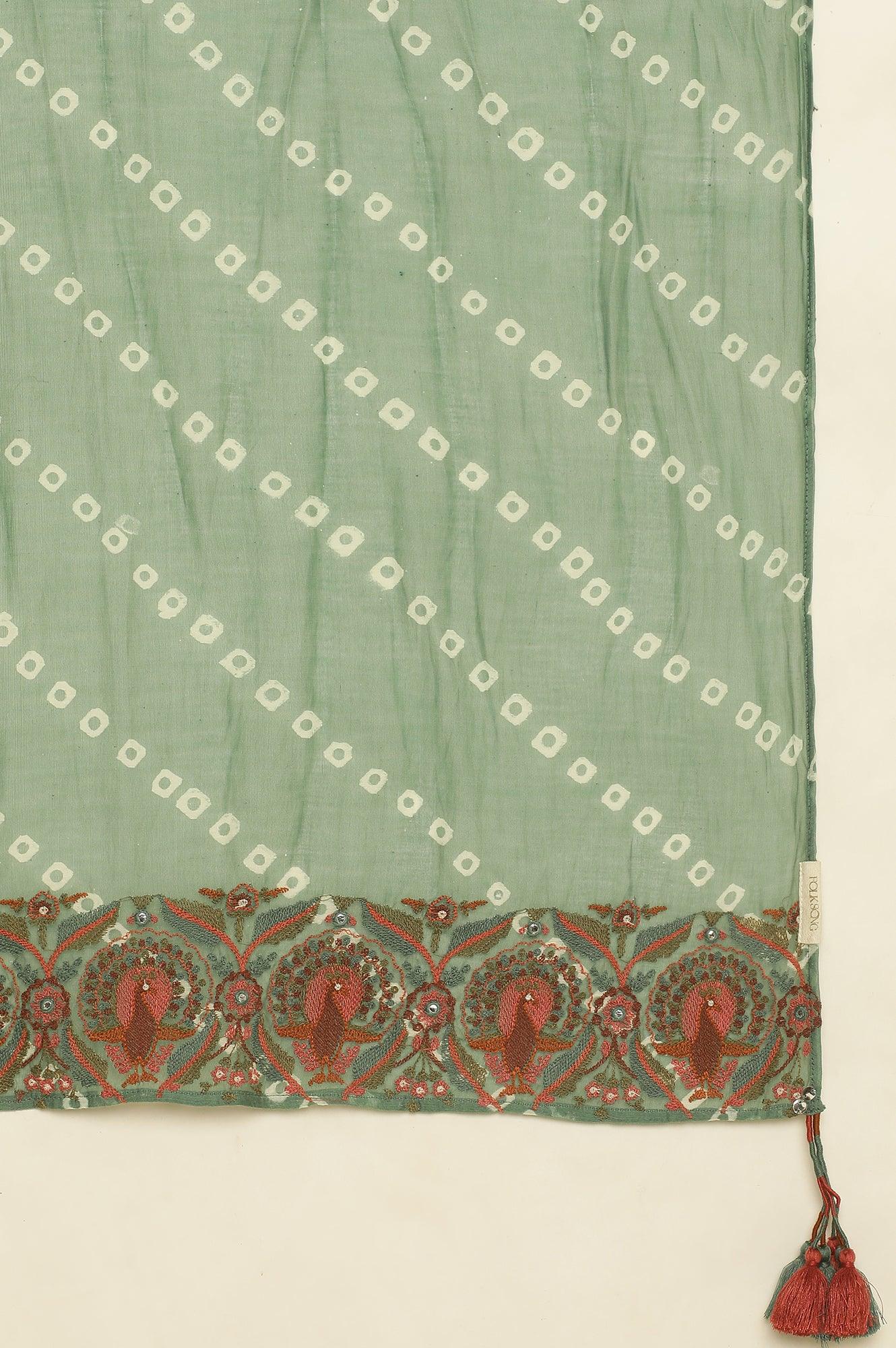 Green Printed Drape With Multicolored Embroidery - Image 5