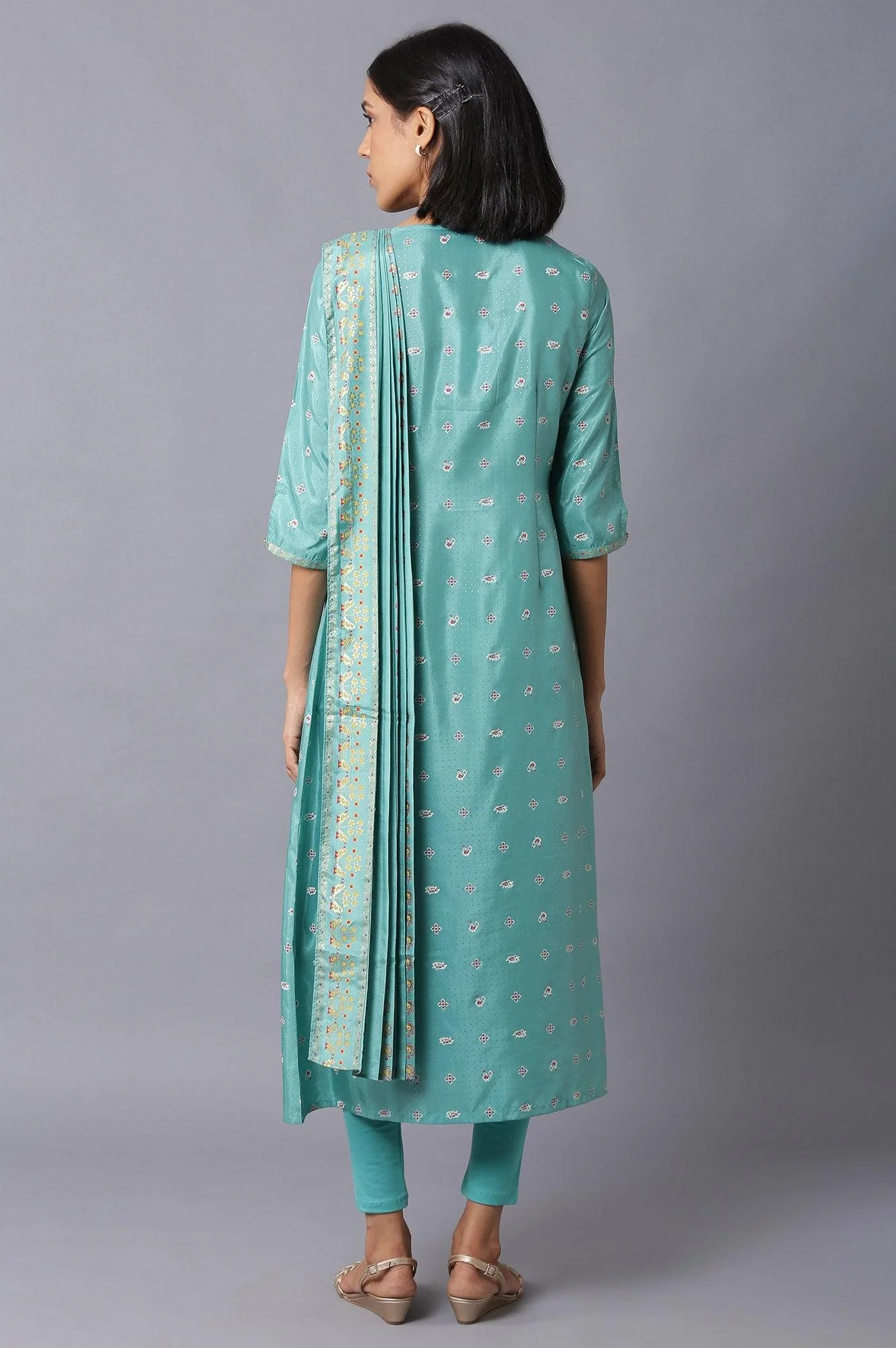 Green Printed Draped A-Line kurta With Tights - Image 2