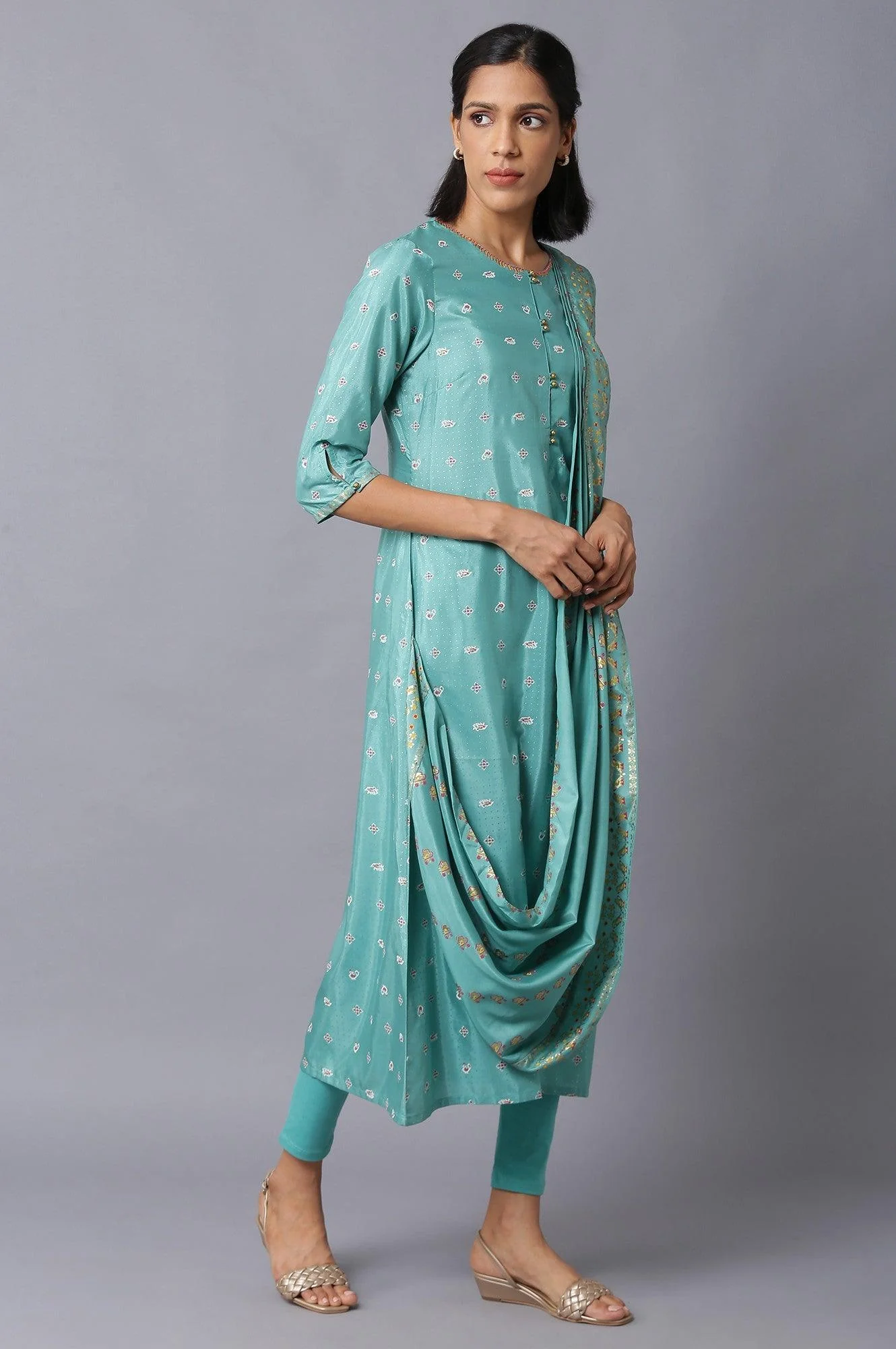 Green Printed Draped A-Line kurta With Tights - Image 4