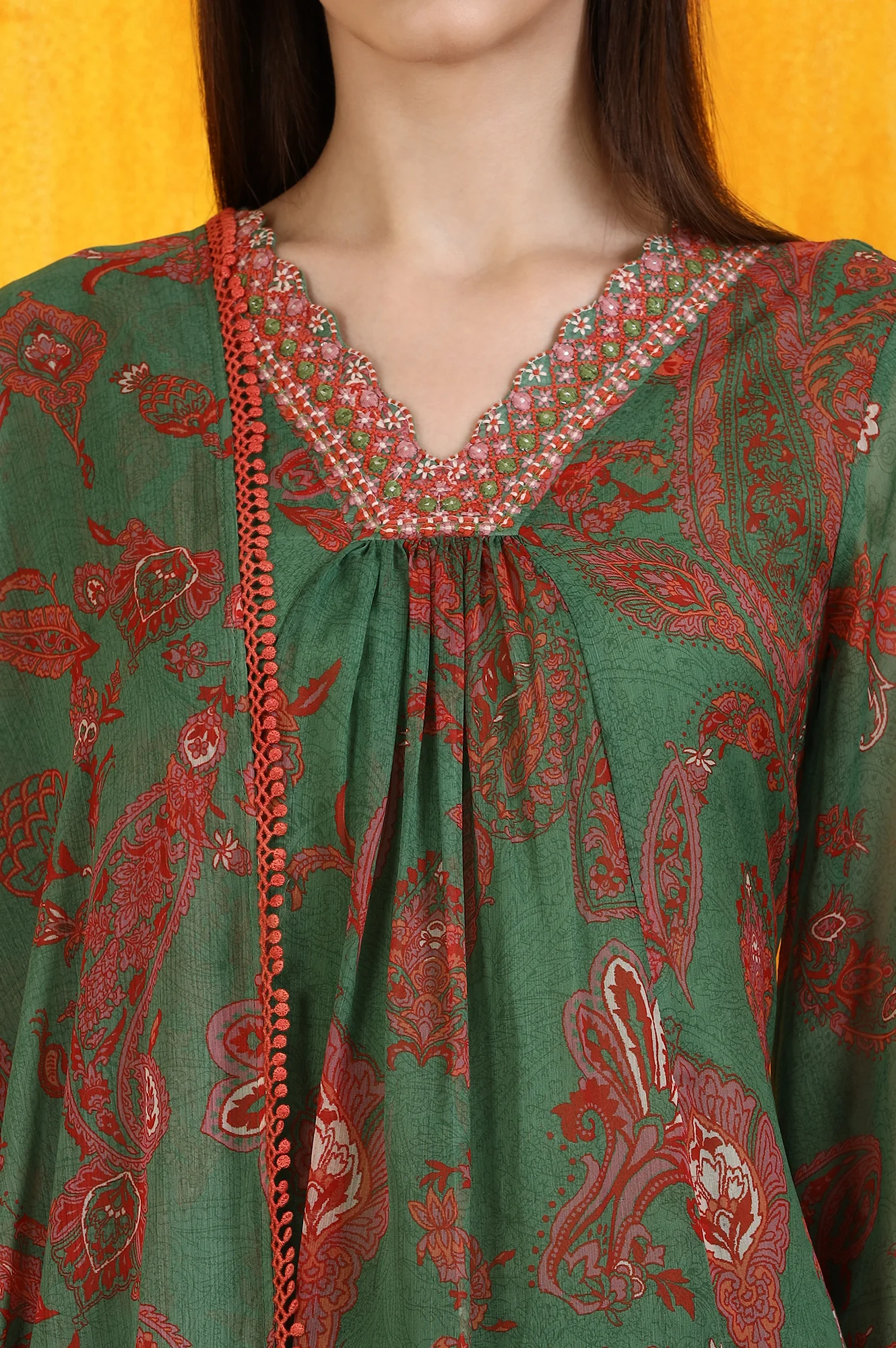 Green Printed Emroidered Chiffon Flared Kurta and Pants Set with Dupatta - Image 3