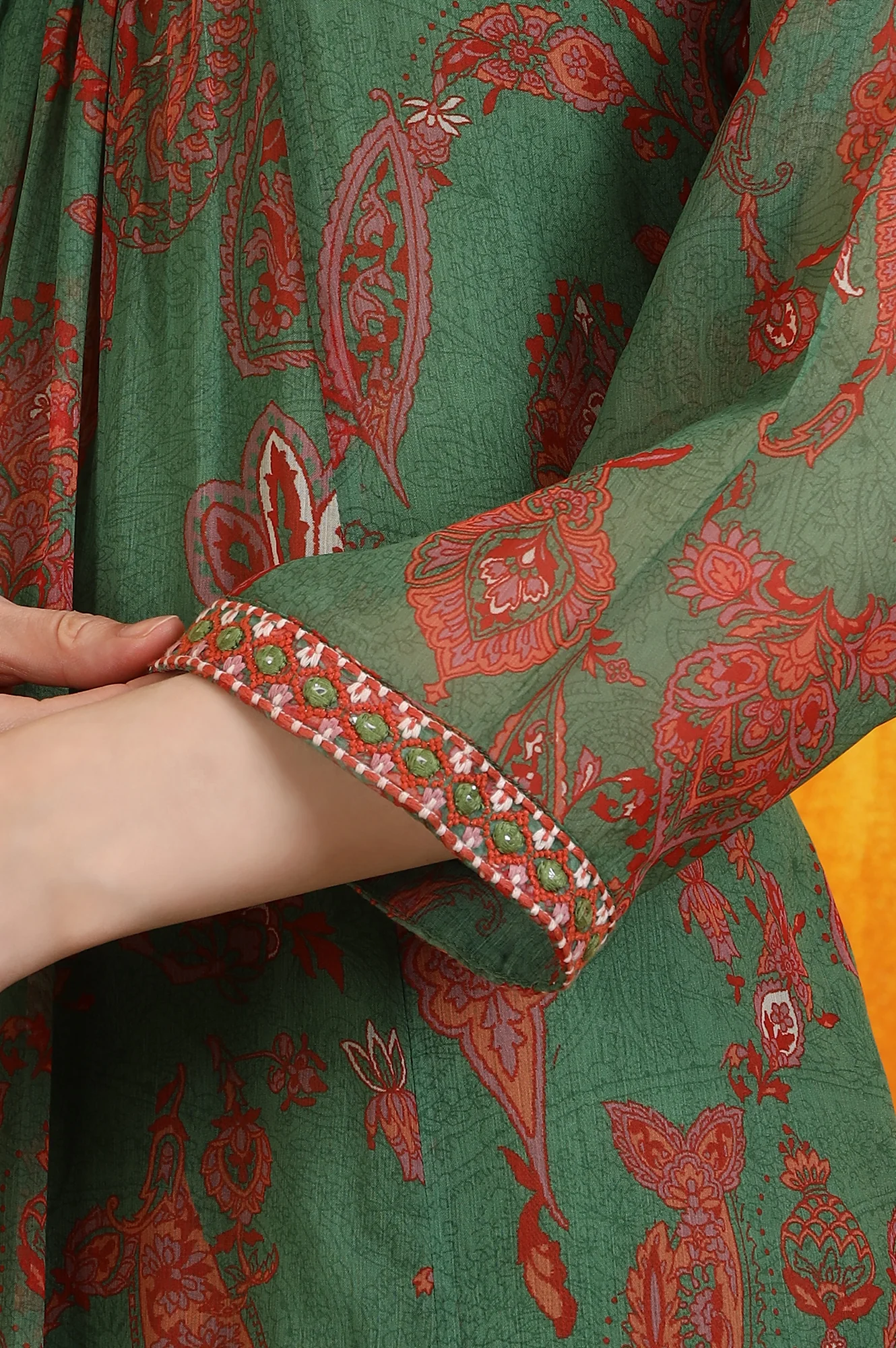 Green Printed Emroidered Chiffon Flared Kurta and Pants Set with Dupatta - Image 7