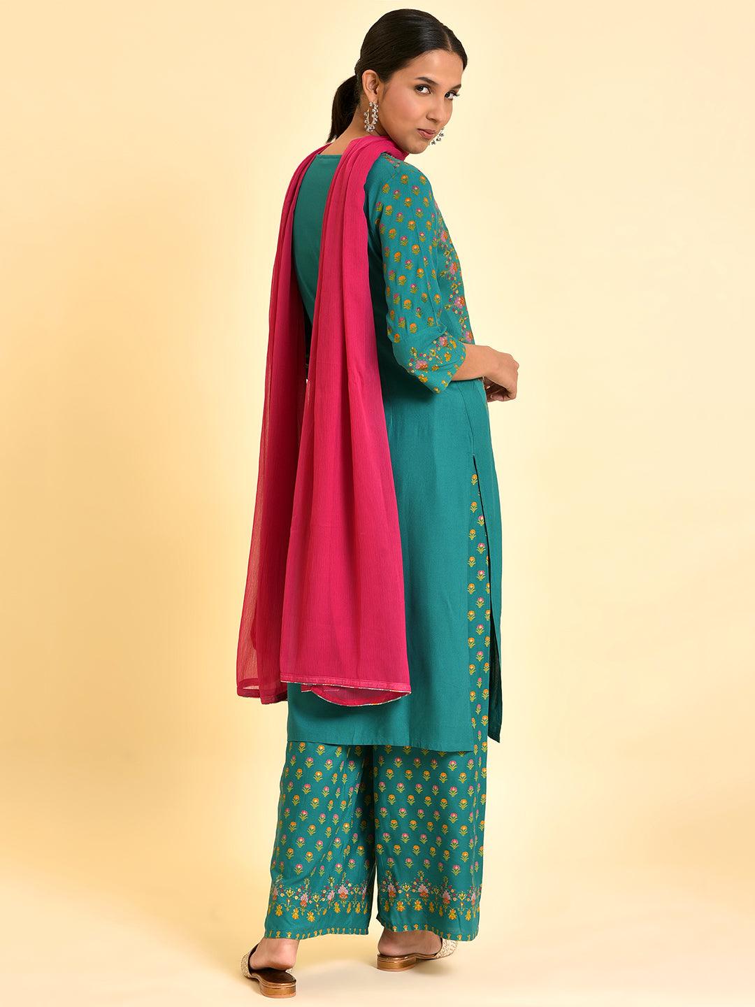 Green Printed Festive Kurta, Parallel Pants And Dupatta Set - Image 3