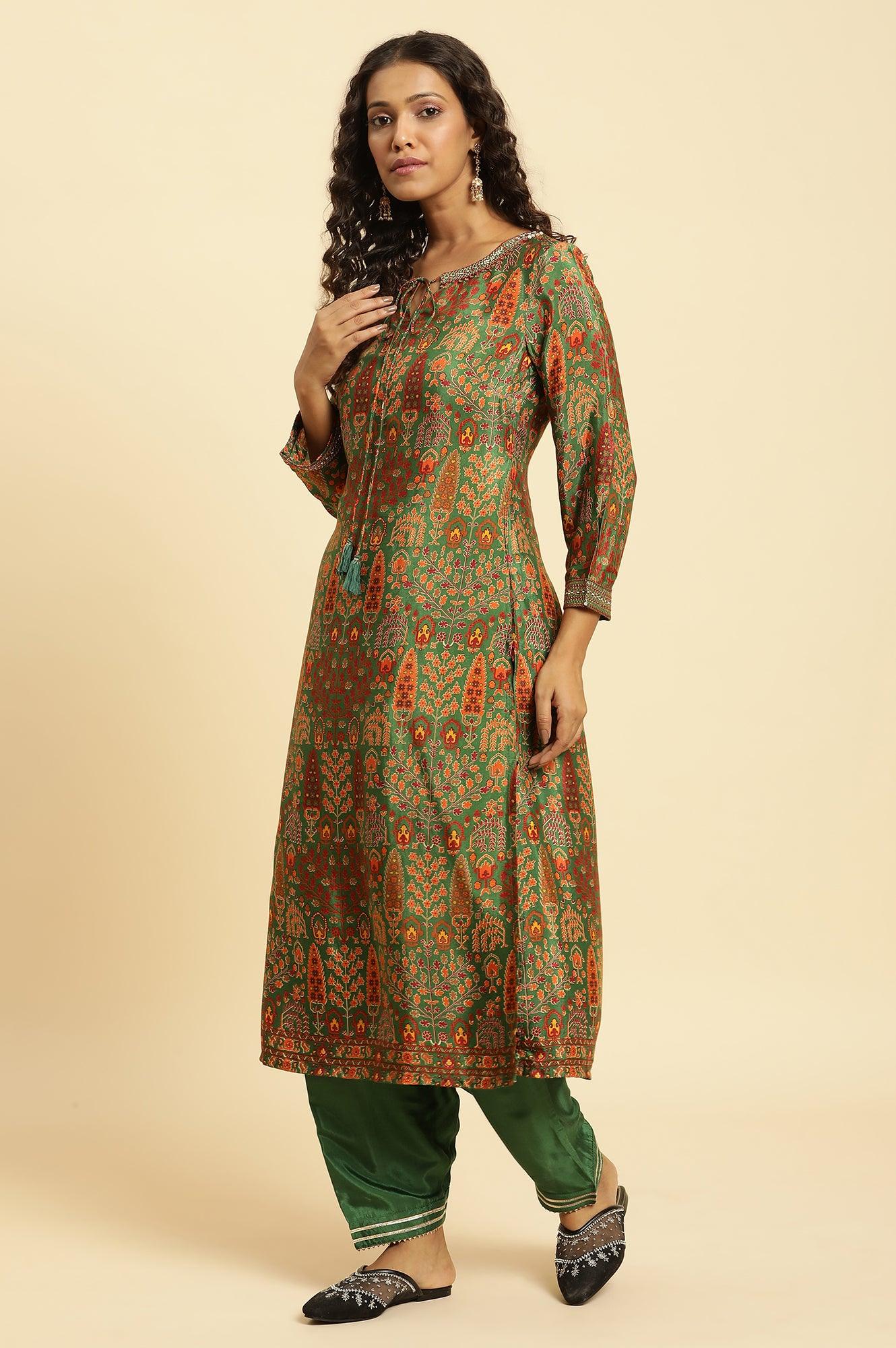 Green Printed Festive Kurta With Embroidery - Image 3