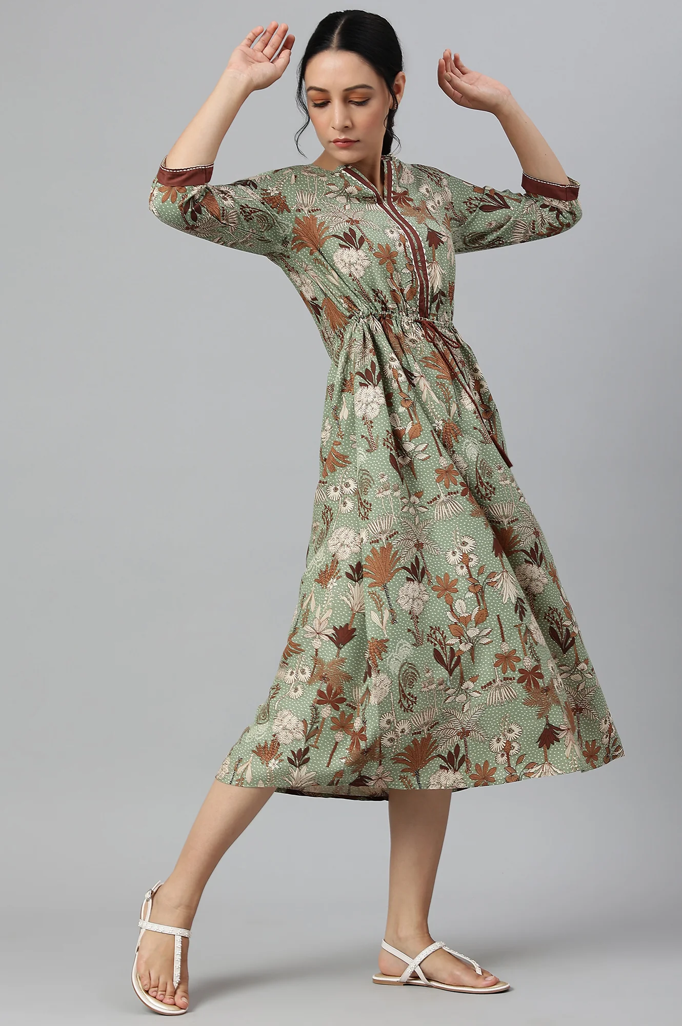 Green Printed Gathered Western Dress - Image 6