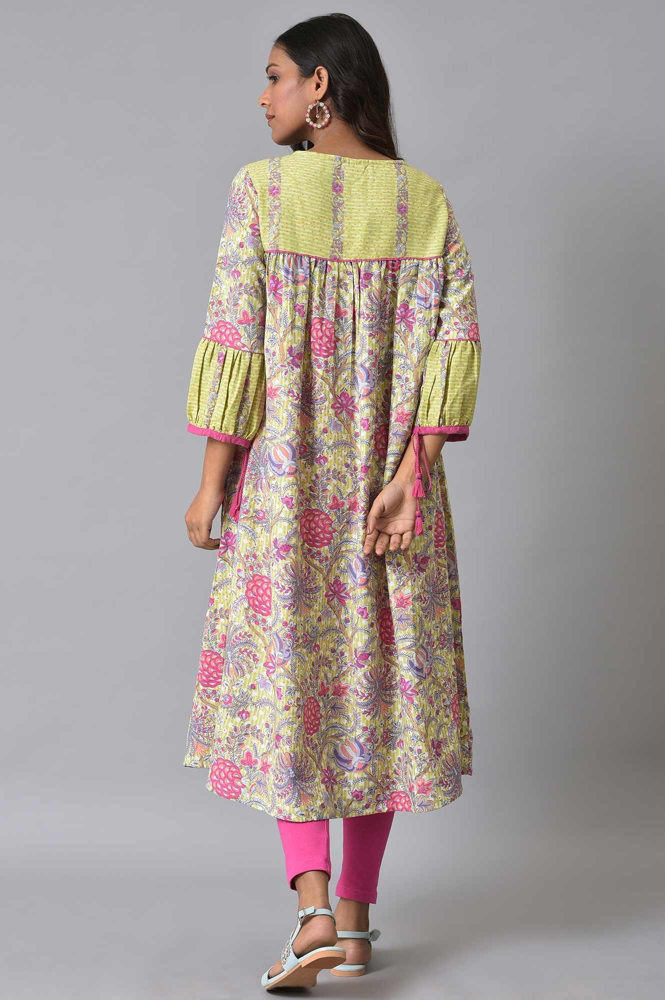 Green Printed Godget Summer Dress With Pink Tights - Image 2