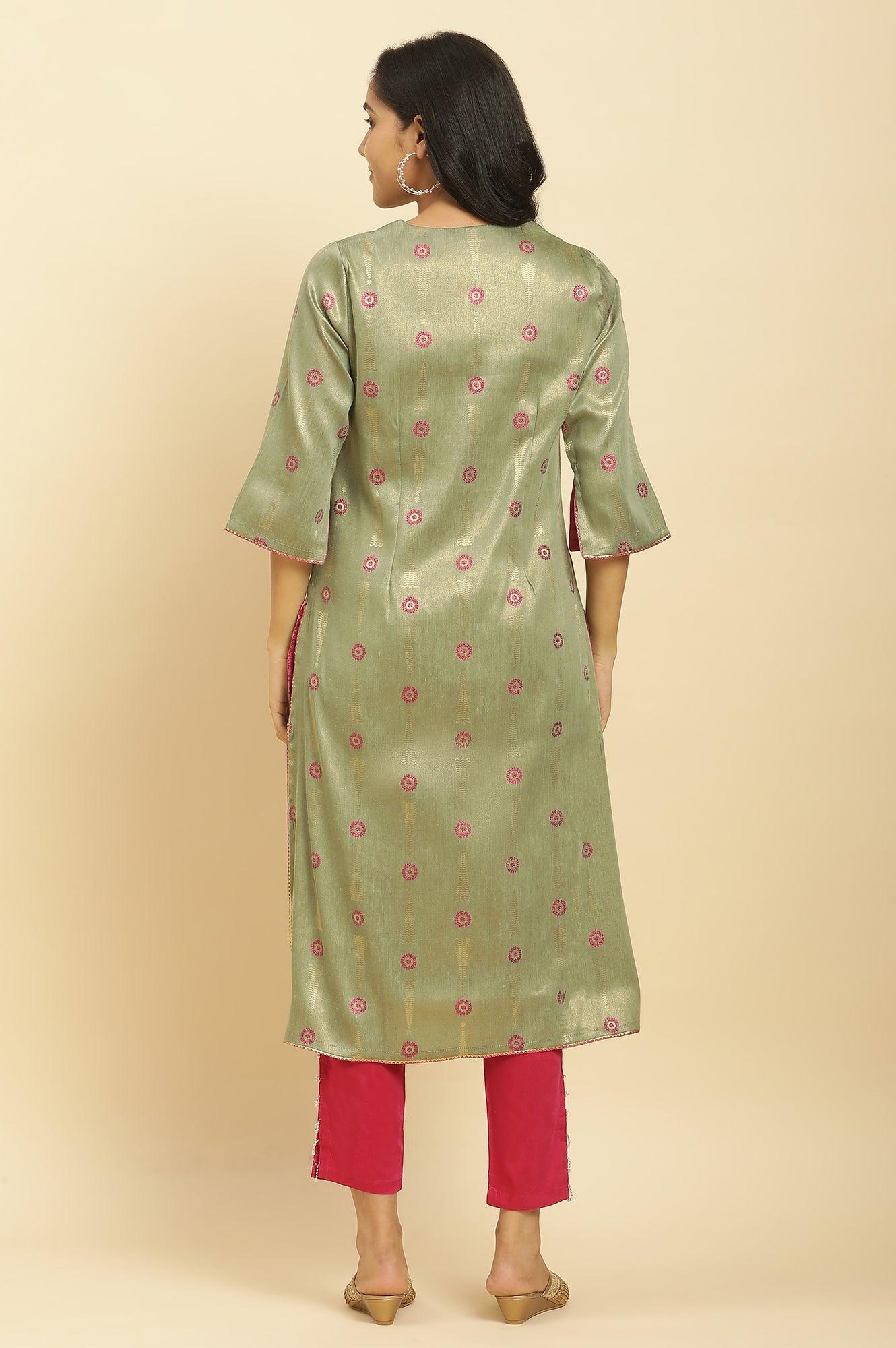Green Printed Jacquard Kurta - Image 4