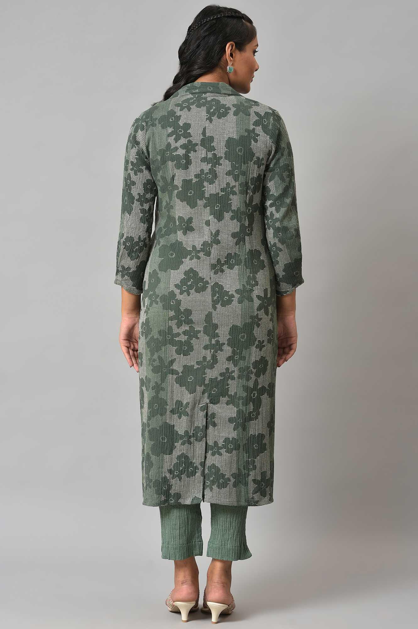 Green Printed Longline Jacket With kurta And Pants - Image 2