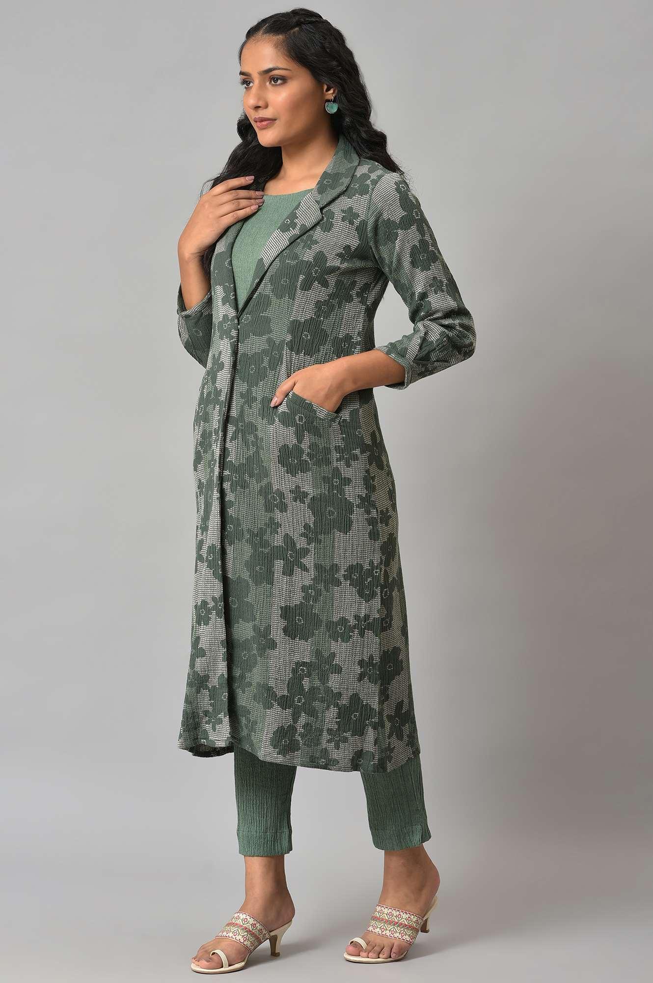 Green Printed Longline Jacket With kurta And Pants - Image 3