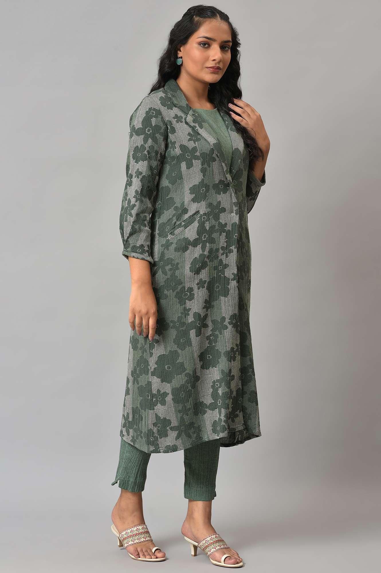 Green Printed Longline Jacket With kurta And Pants - Image 4