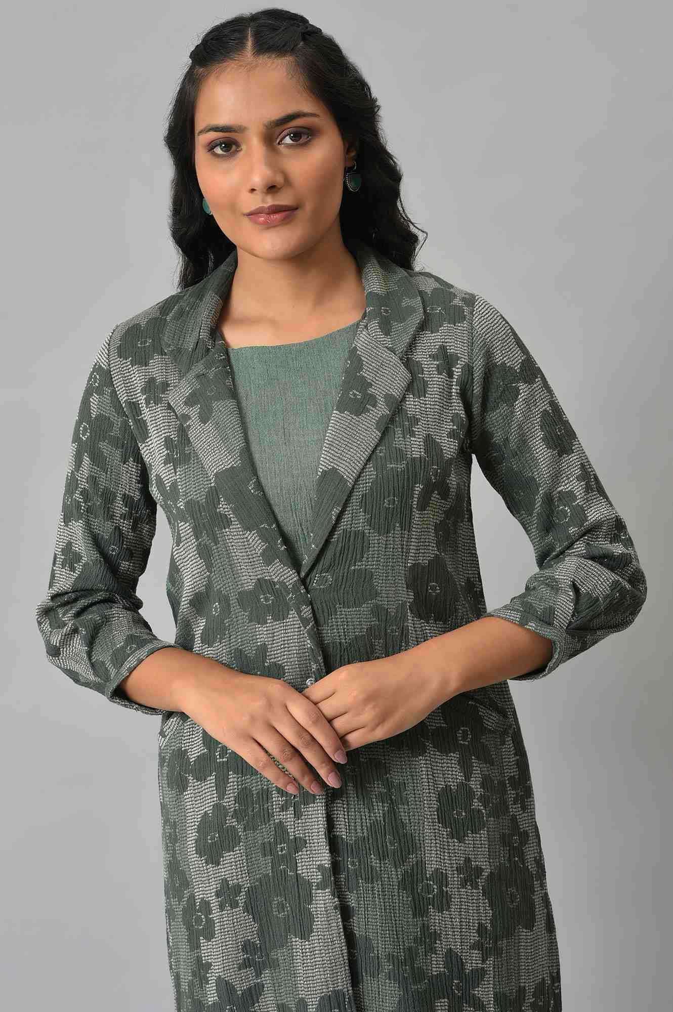 Green Printed Longline Jacket With kurta And Pants - Image 5