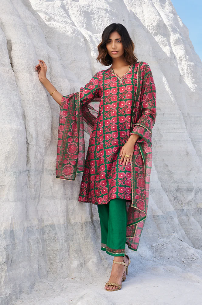 Green Printed Zari Embroidered Straight Kurta with Pants and Organza Dupatta