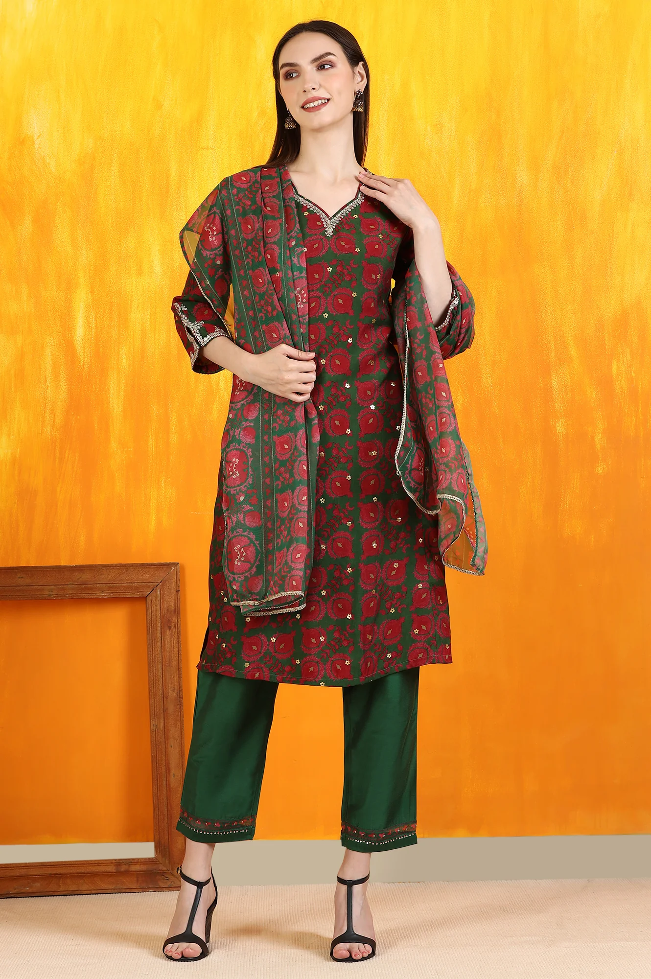 Green Printed Zari Embroidered Straight Kurta with Pants and Organza Dupatta - Image 2