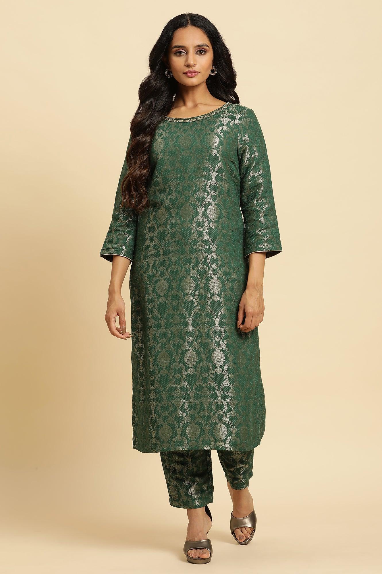 Green Rayon Jacquard Festive Kurta - Image 2