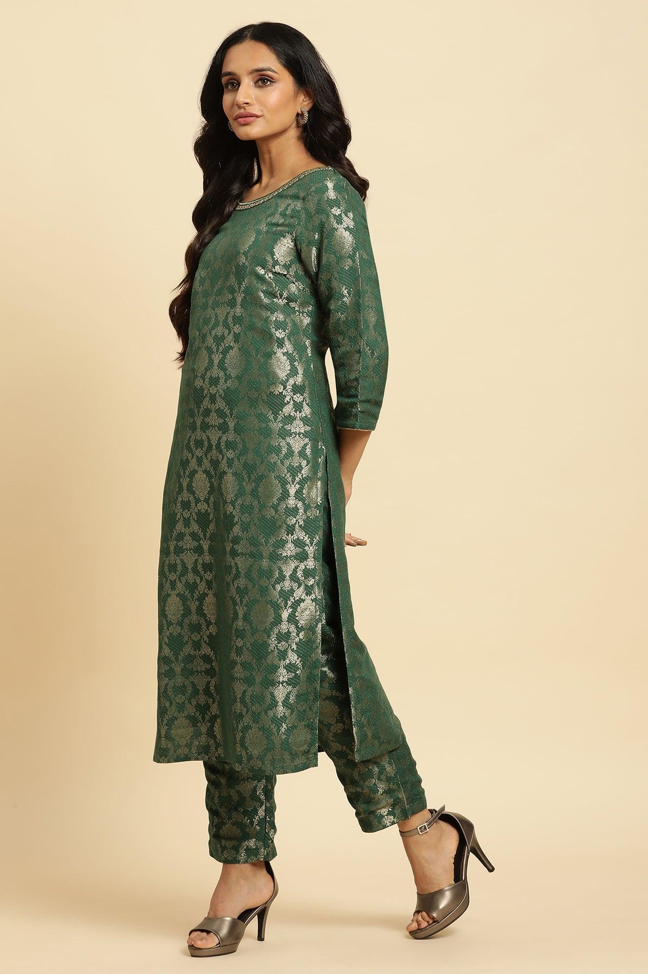 Green Rayon Jacquard Festive Kurta - Image 3