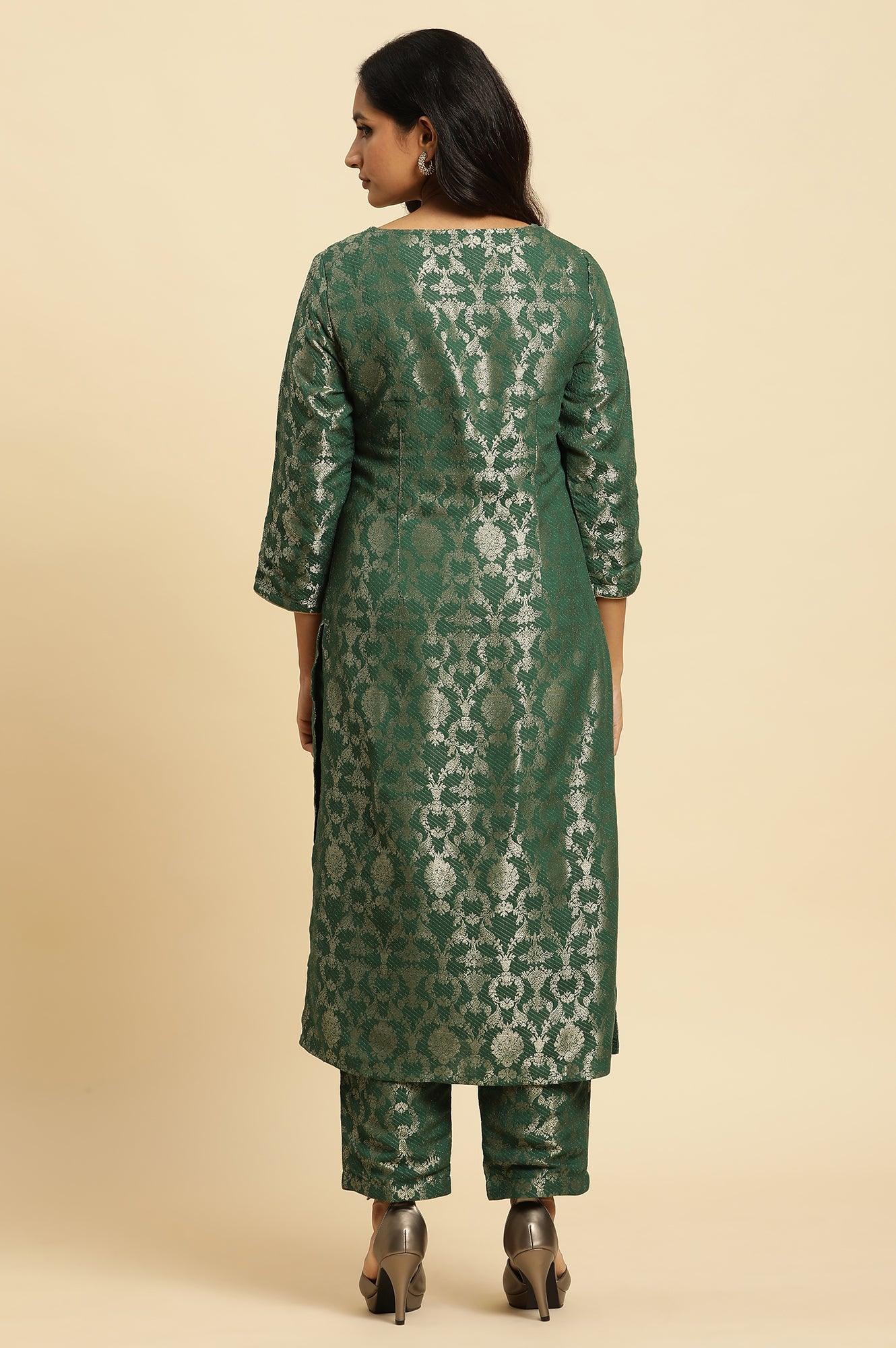 Green Rayon Jacquard Festive Kurta - Image 4
