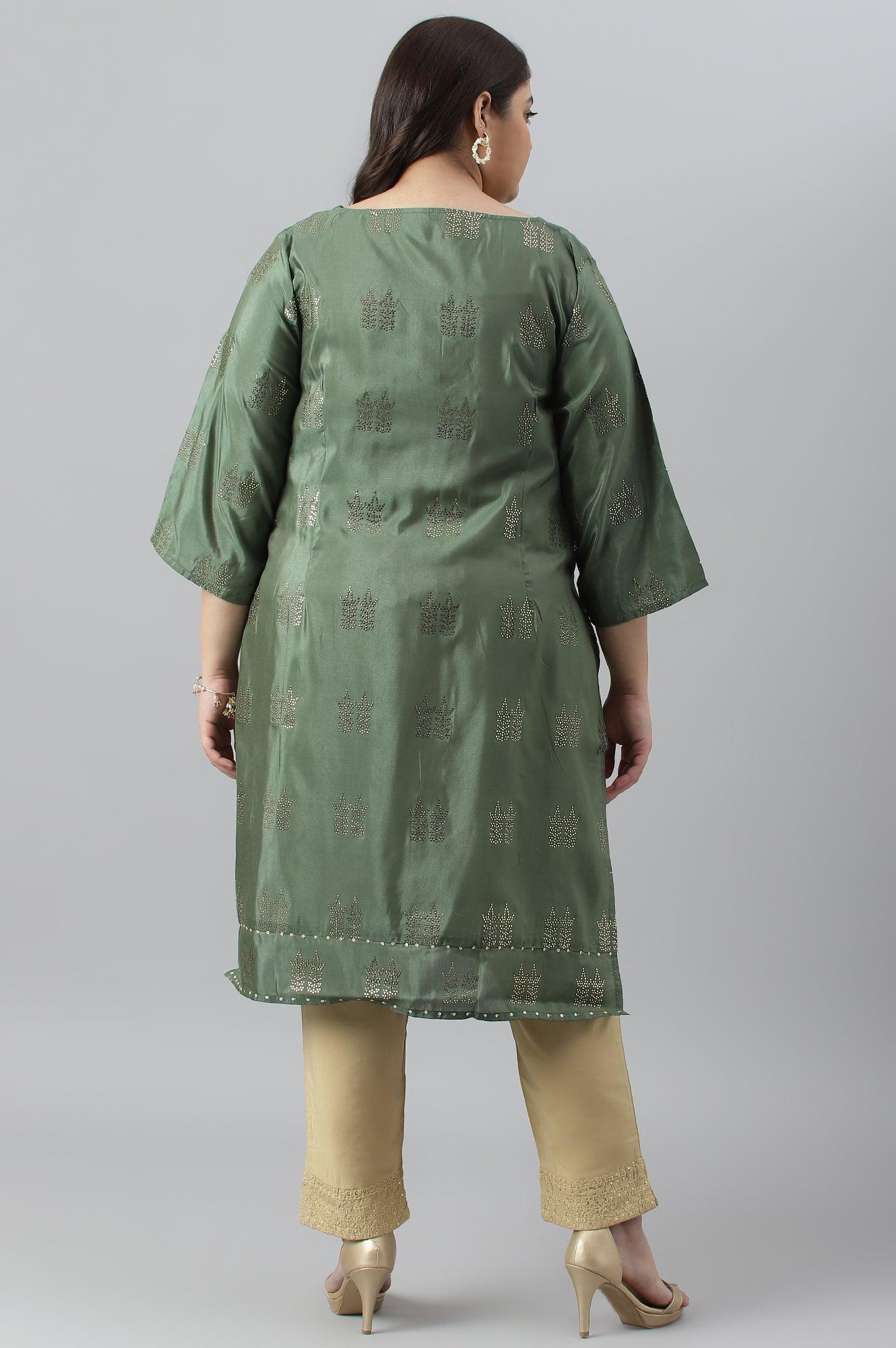 Green Shantung Plus Size kurta With Mukaish Print - Image 2