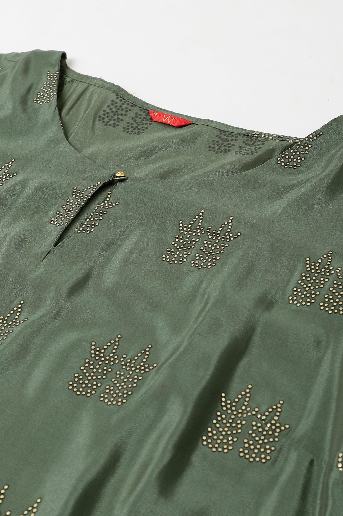 Green Shantung Plus Size kurta With Mukaish Print - Image 7
