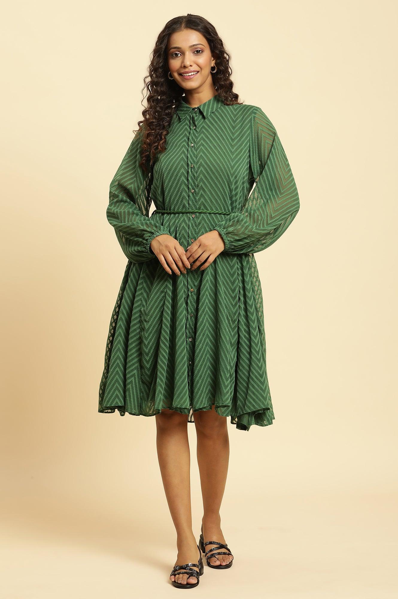 Green Shirt Collar Flared Western Dress - Image 2
