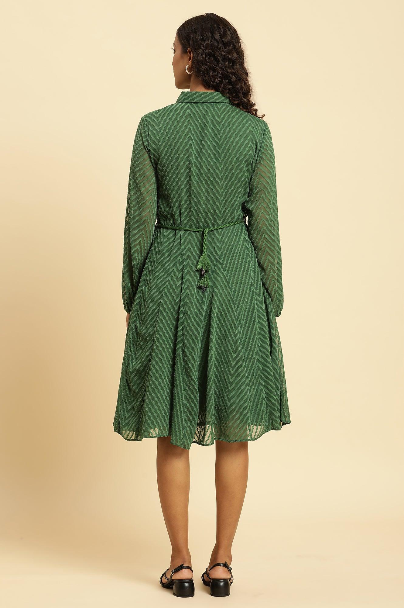 Green Shirt Collar Flared Western Dress - Image 4