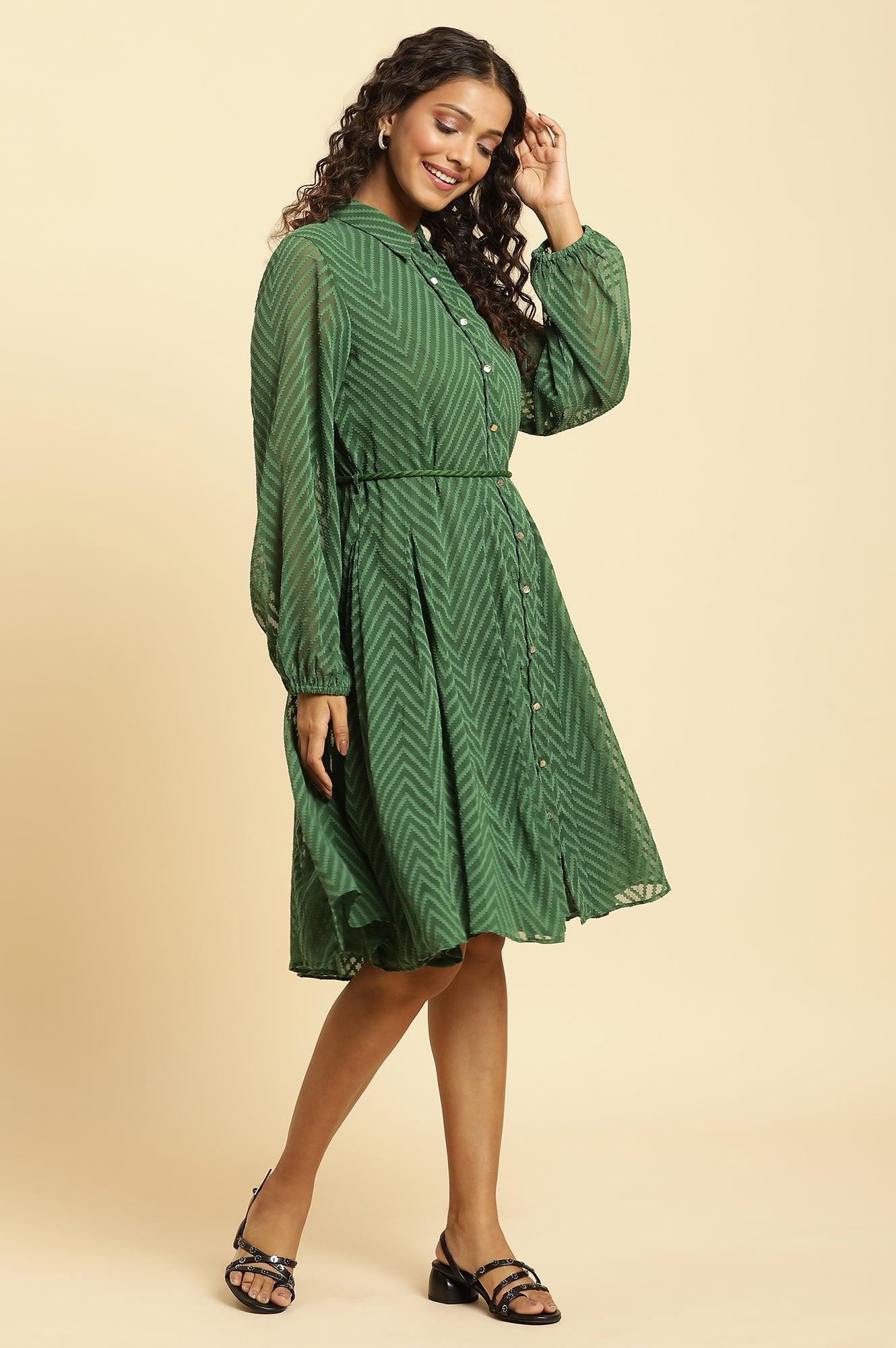 Green Shirt Collar Flared Western Dress - Image 5