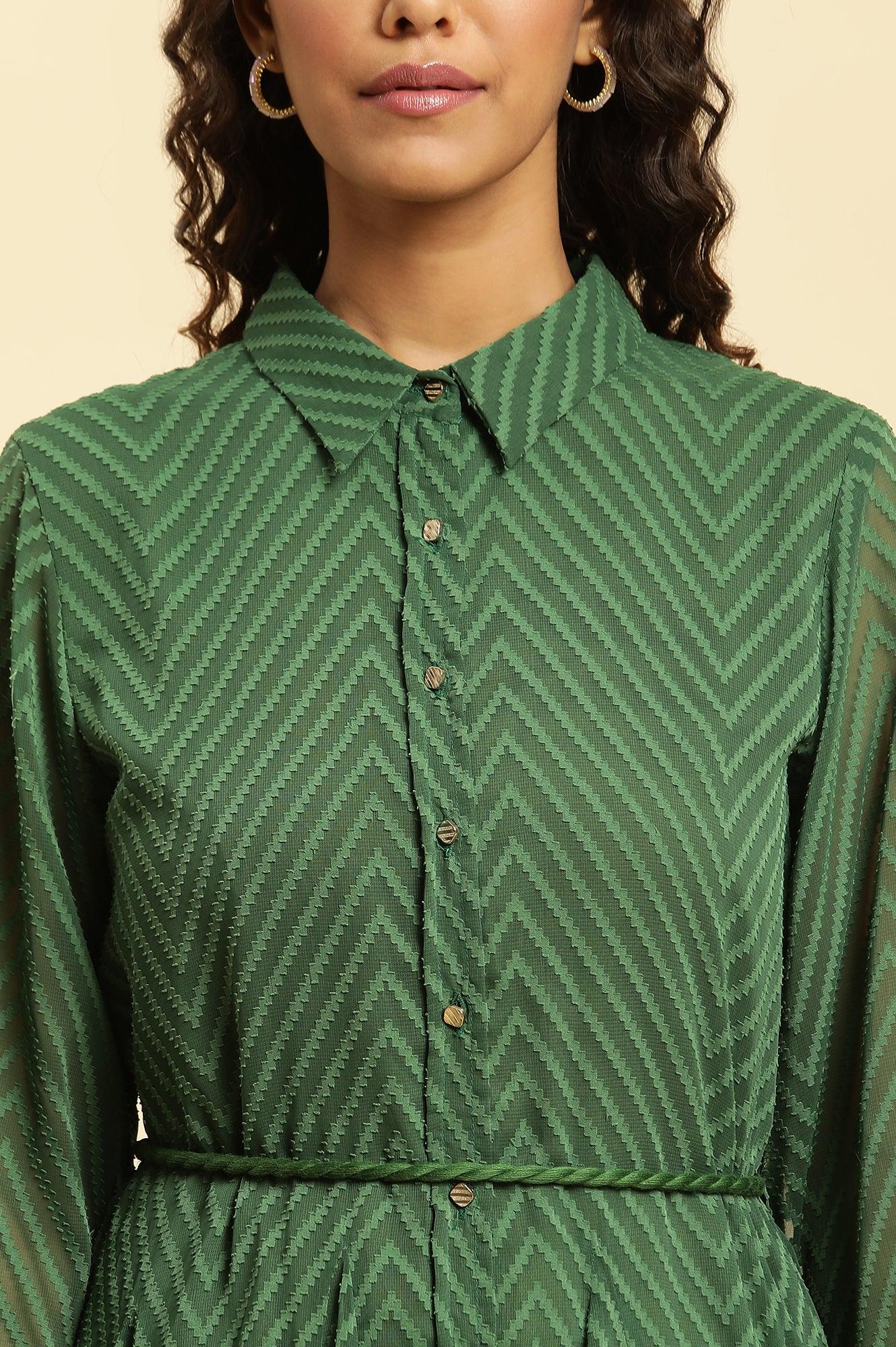 Green Shirt Collar Flared Western Dress - Image 6