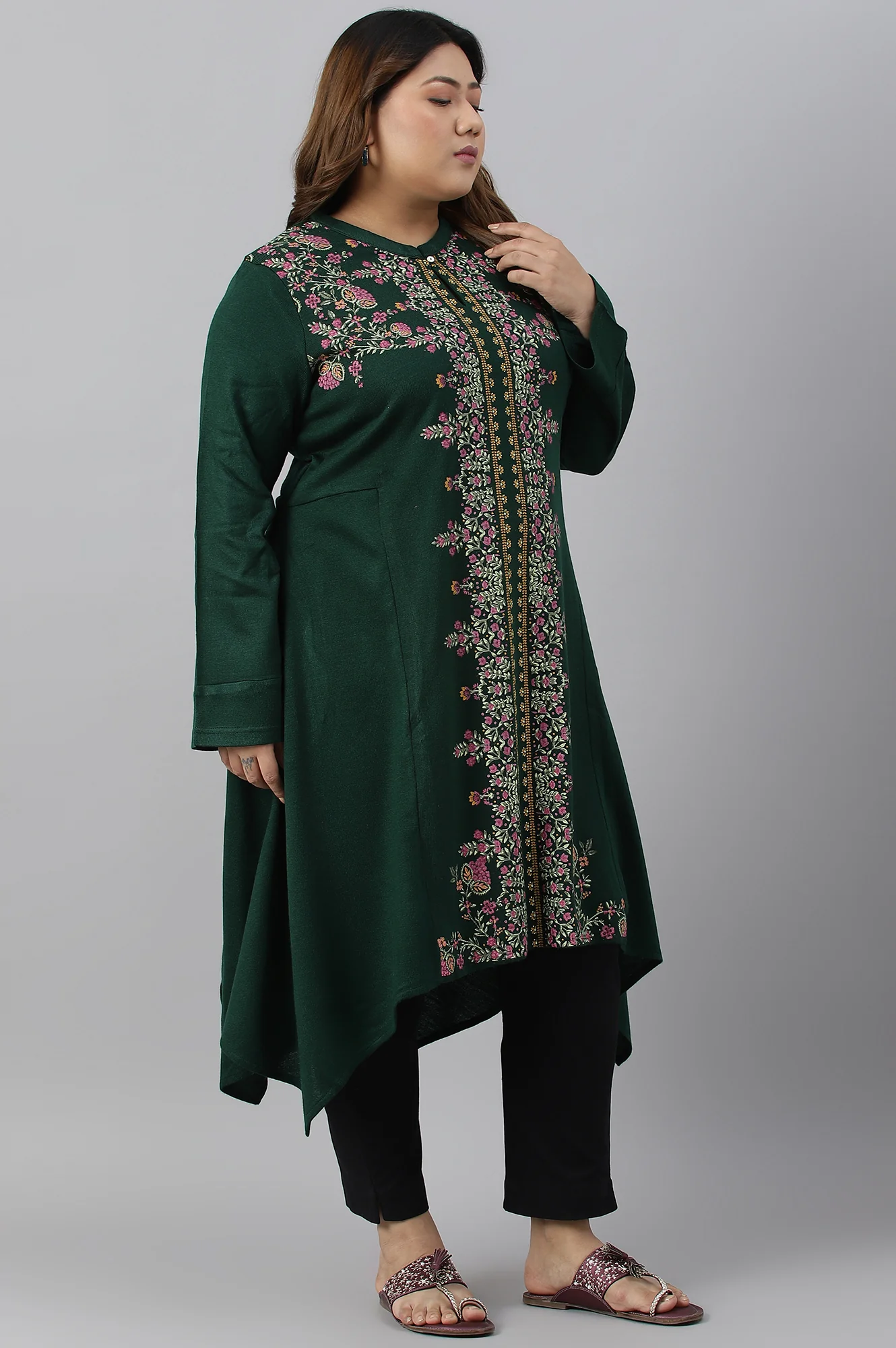 Green Side Dipped Plus Size Winter kurta - Image 2