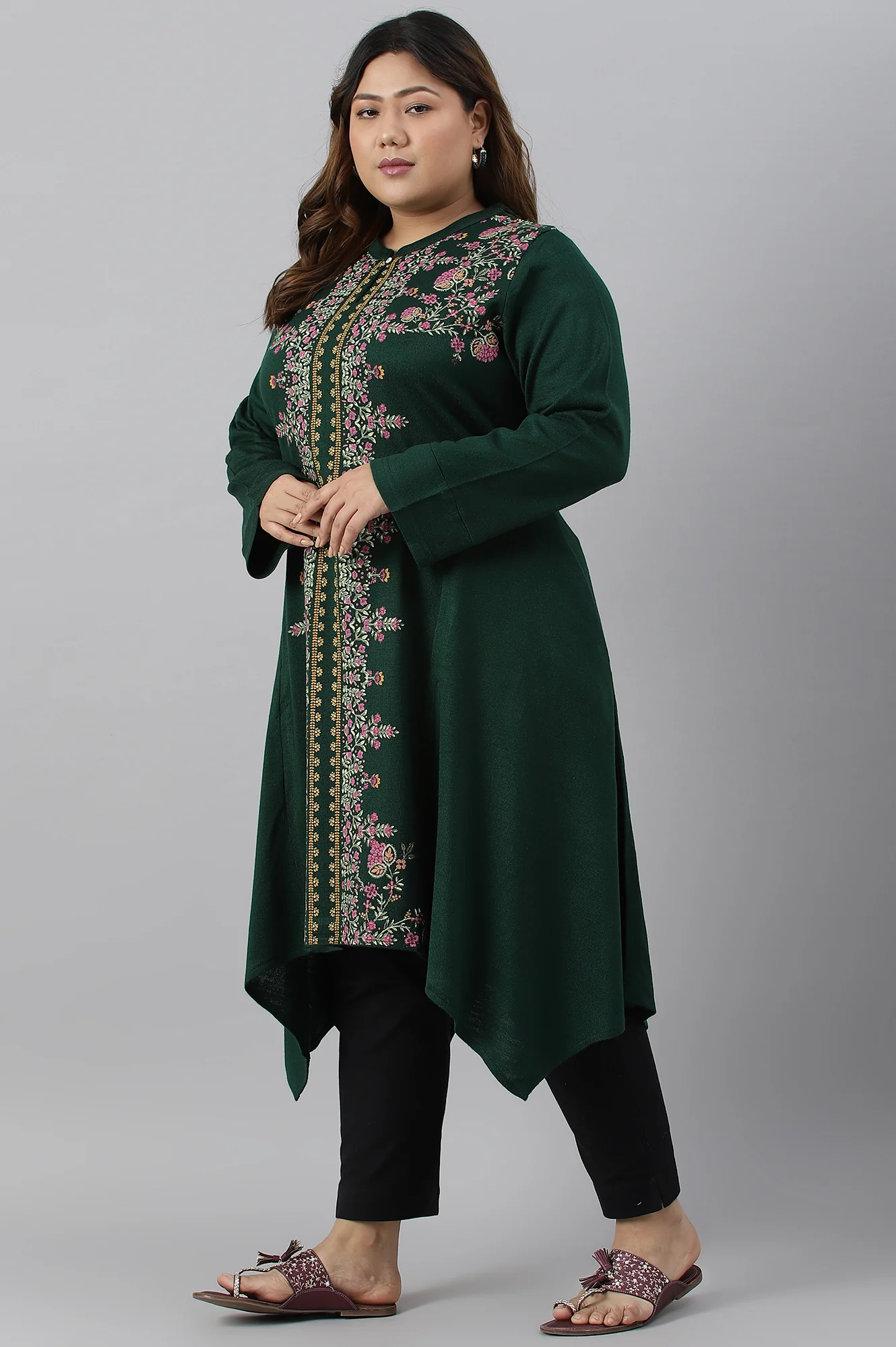 Green Side Dipped Plus Size Winter kurta - Image 3
