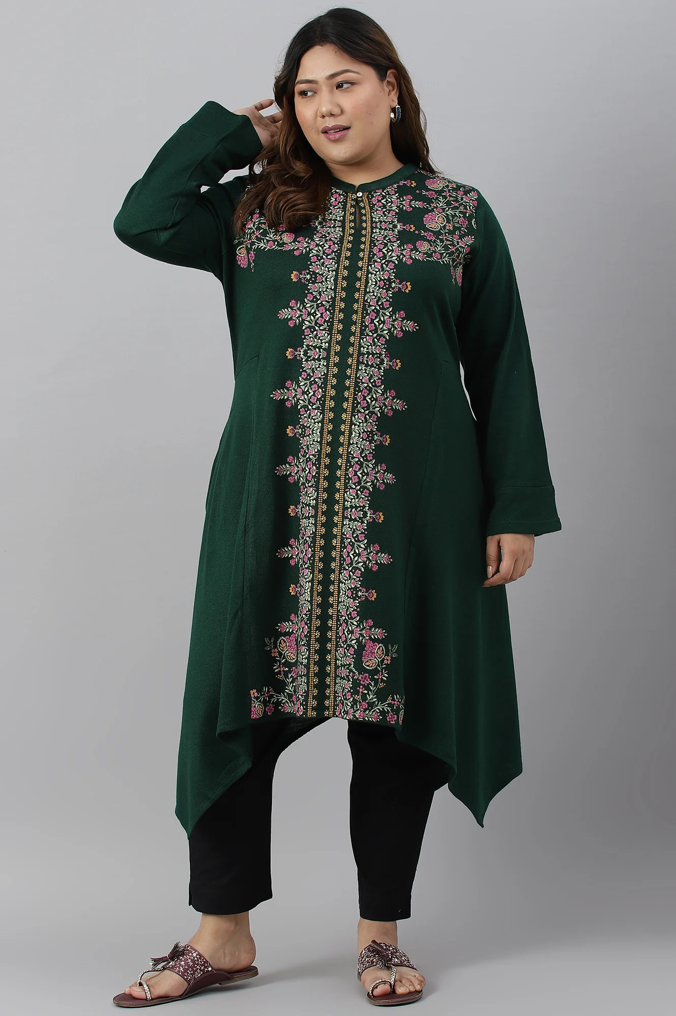 Green Side Dipped Plus Size Winter kurta - Image 5
