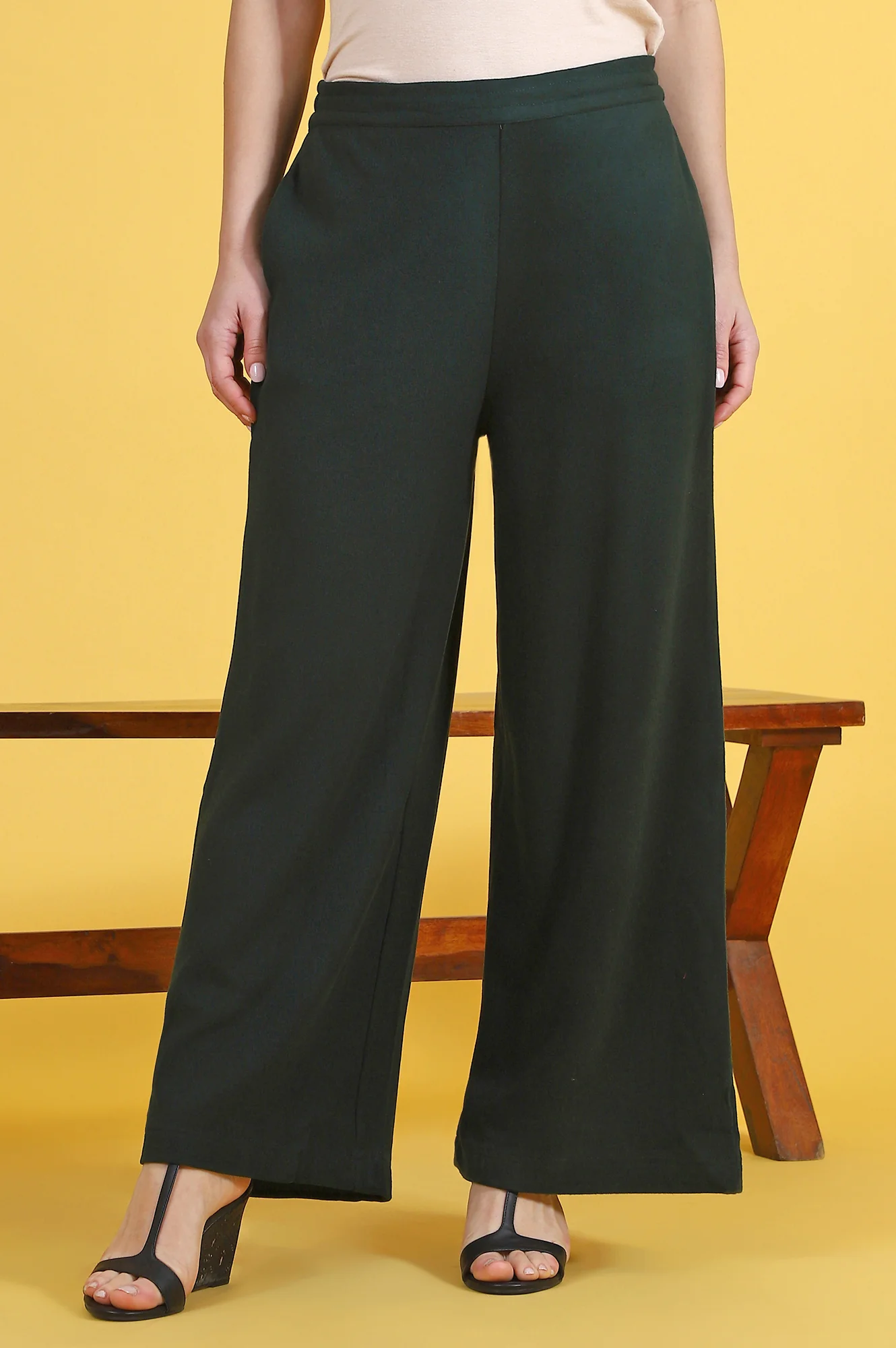 Green Solid Cashmere Ankle Length Wide Leg Parallel Pants - Image 2