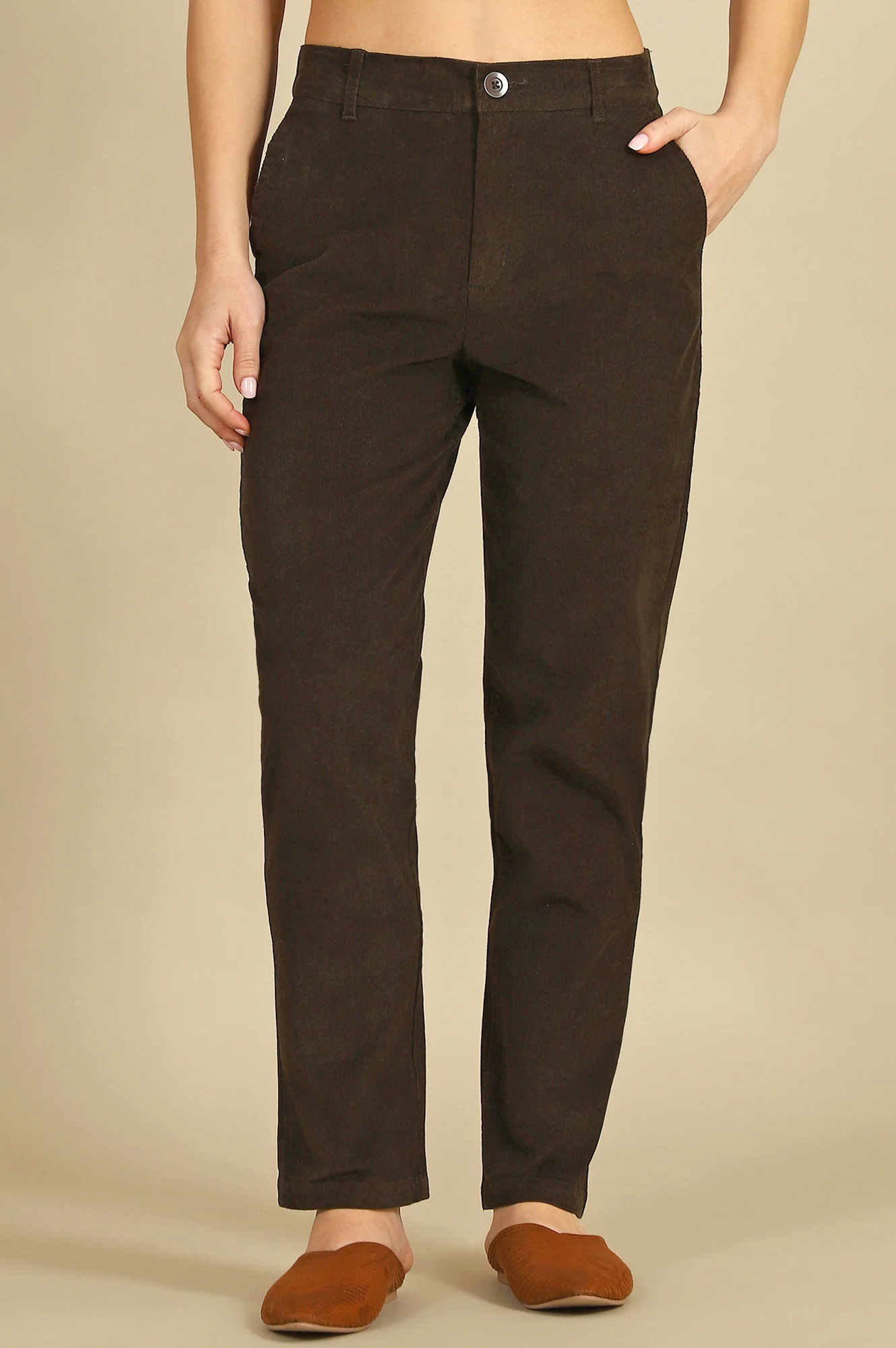 Elleven Women's Dark Brown Solid Straight-fit Cotton Pants with YKK Zipper - Image 2