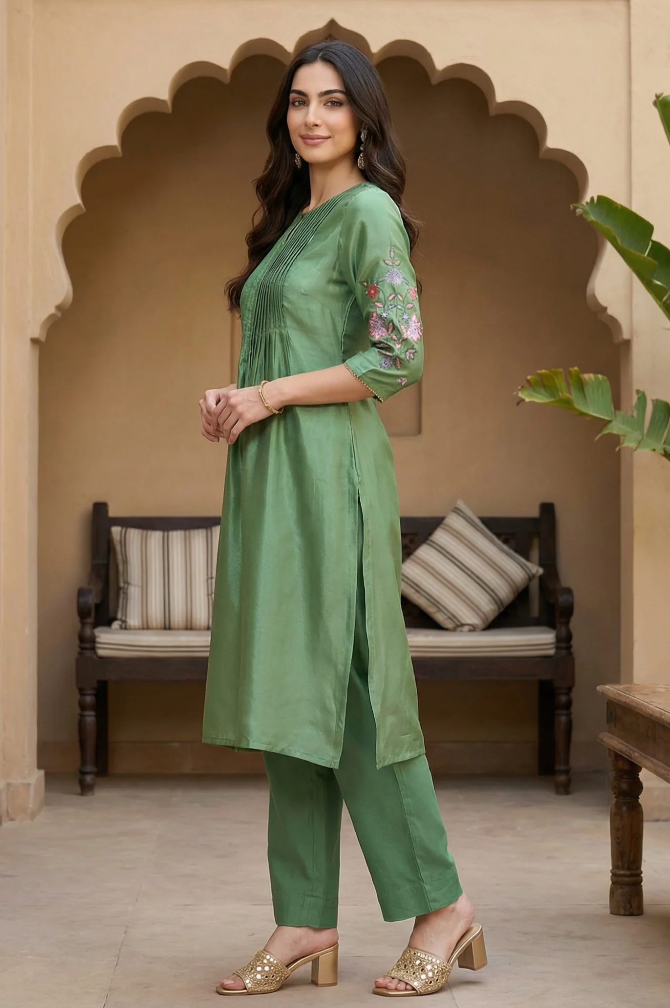 Green Embroidered Shantung Straight Kurta - Image 4