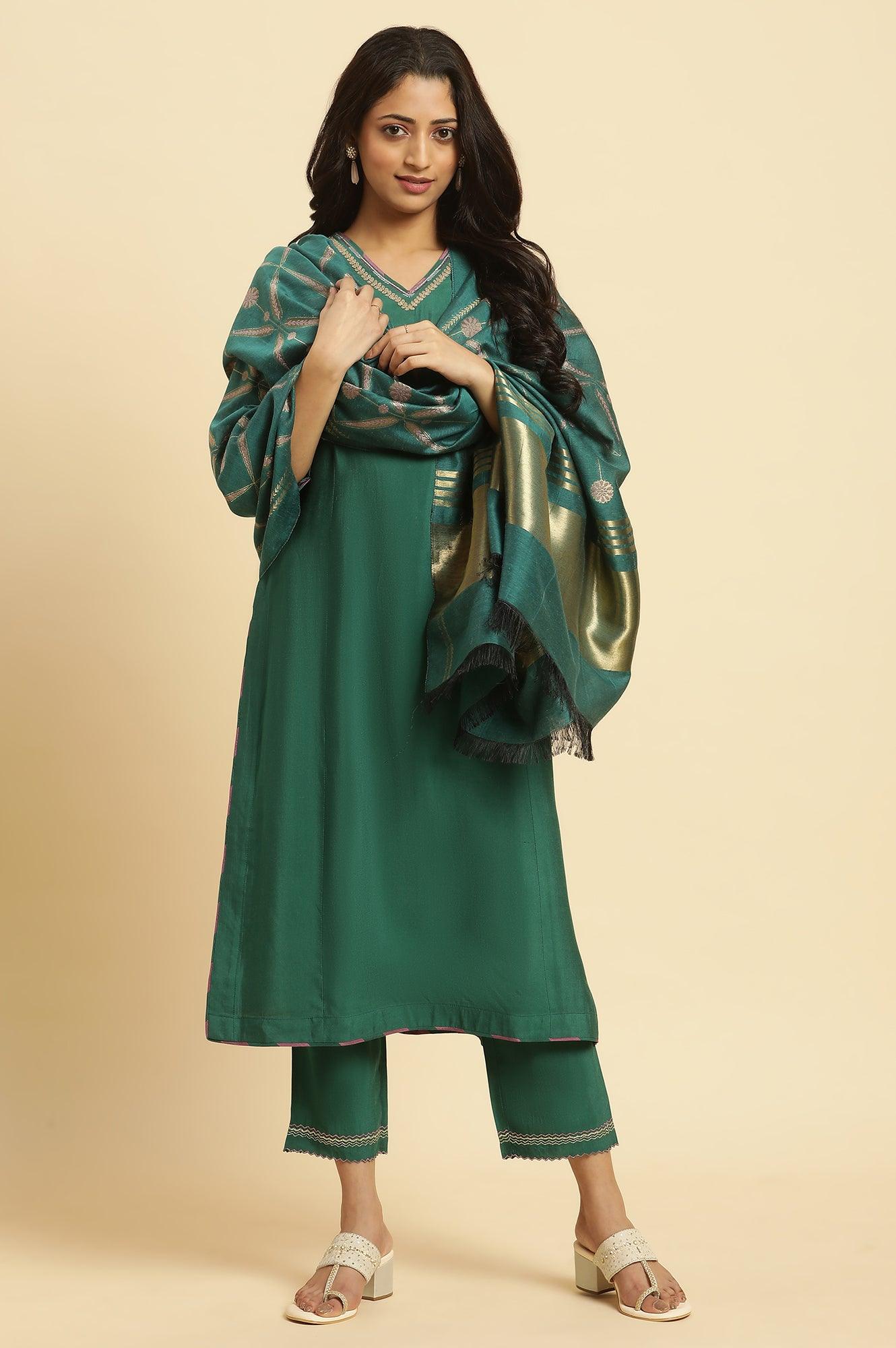 Green Solid Kurta, Pants And Jacquard Dupatta - Image 2