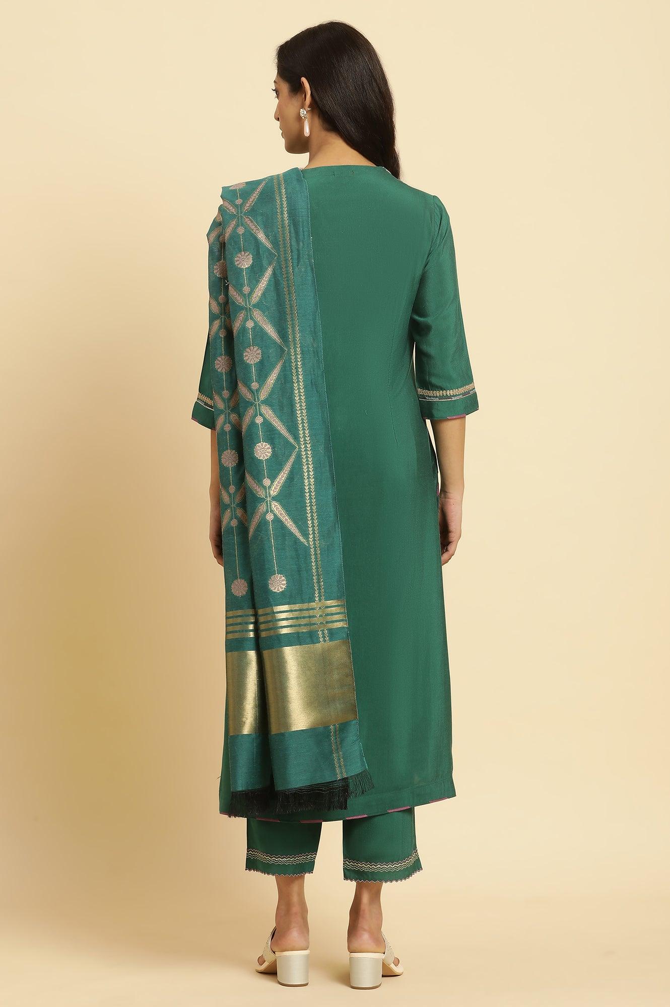 Green Solid Kurta, Pants And Jacquard Dupatta - Image 4