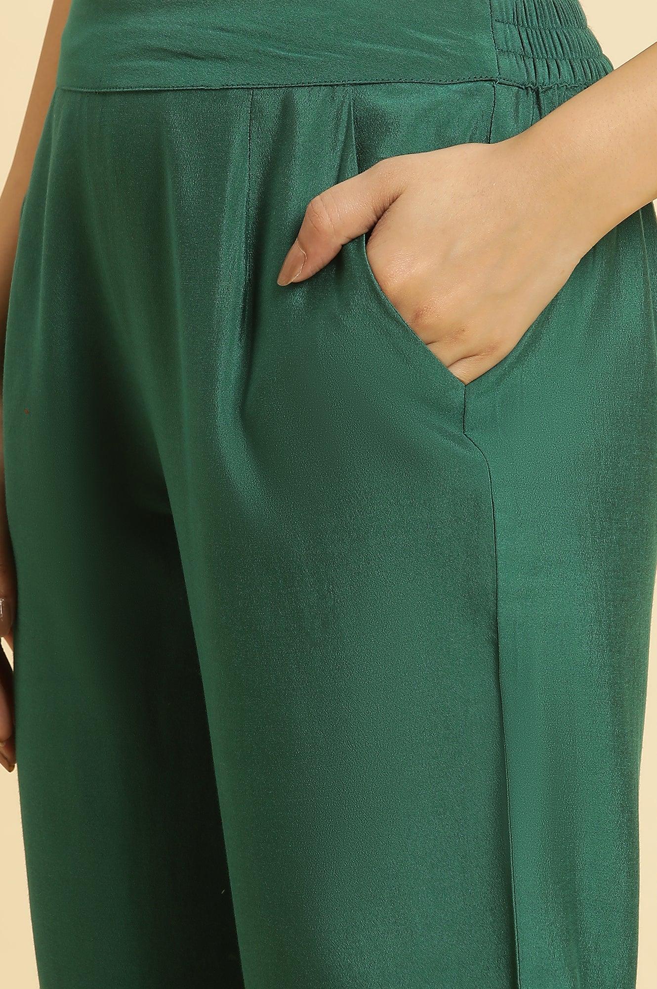 Green Solid Kurta, Pants And Jacquard Dupatta - Image 9