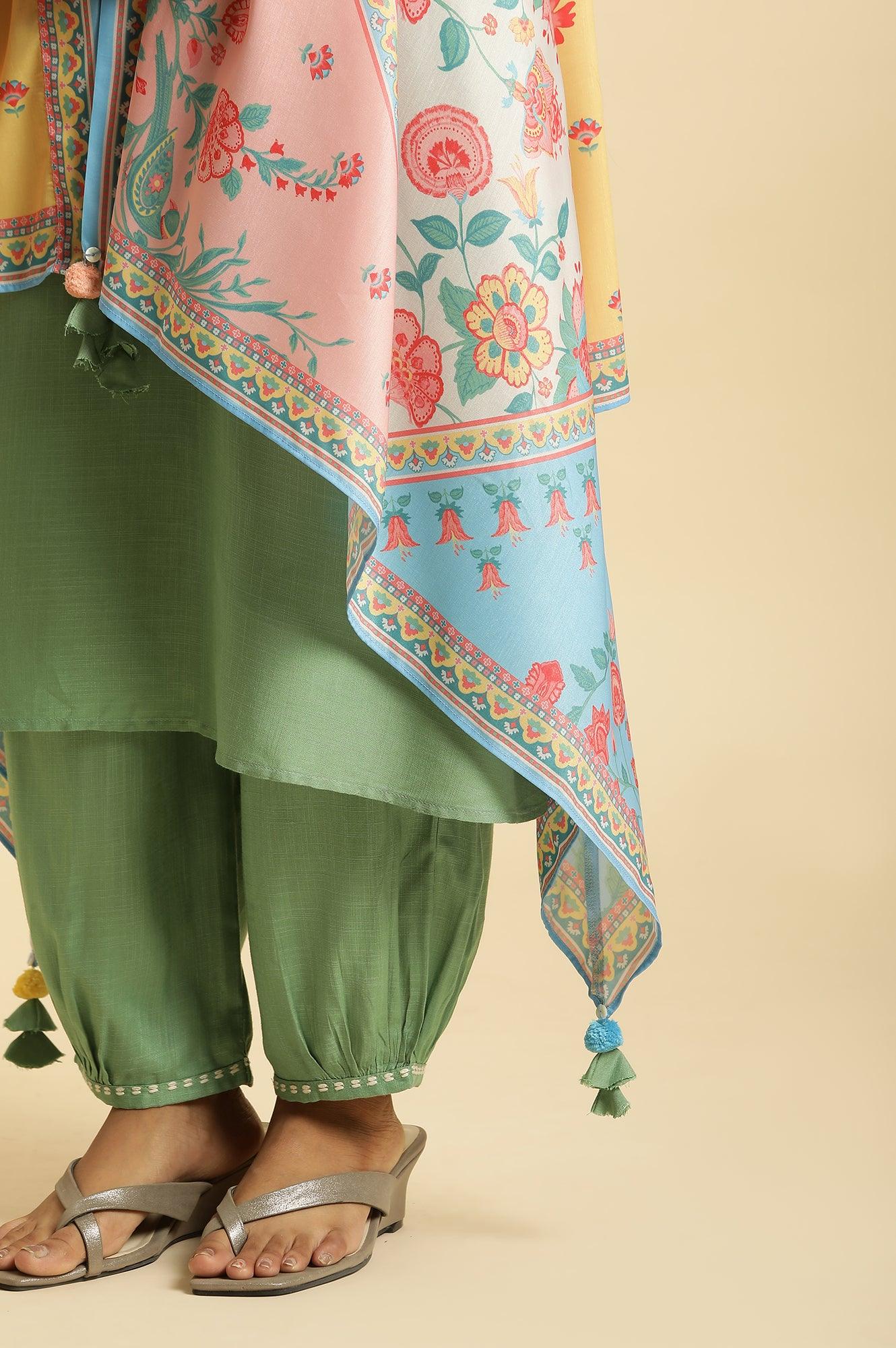 Green Solid Kurta, Printed Gilet and Pants Set - Image 10