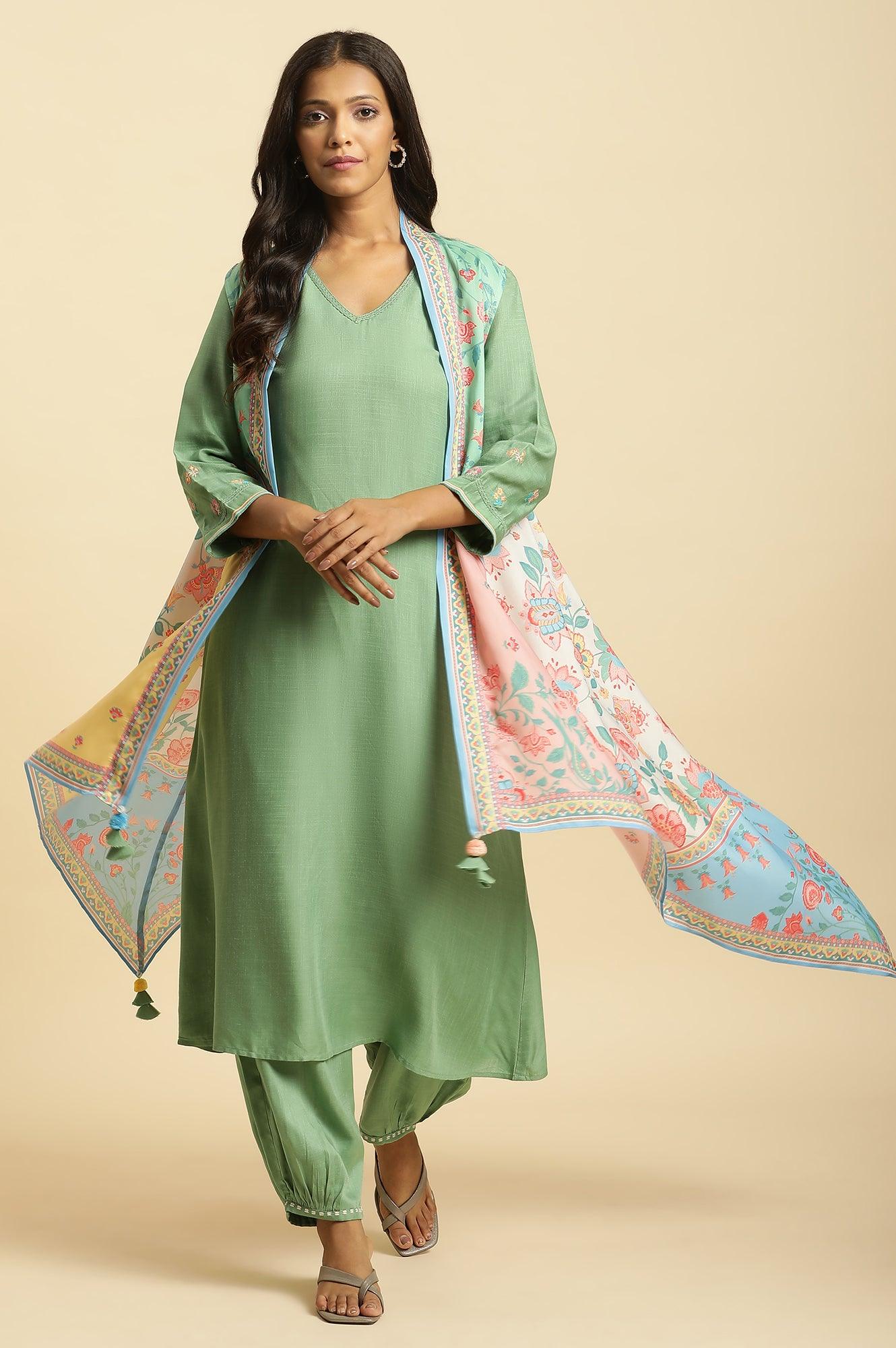 Green Solid Kurta, Printed Gilet and Pants Set - Image 2